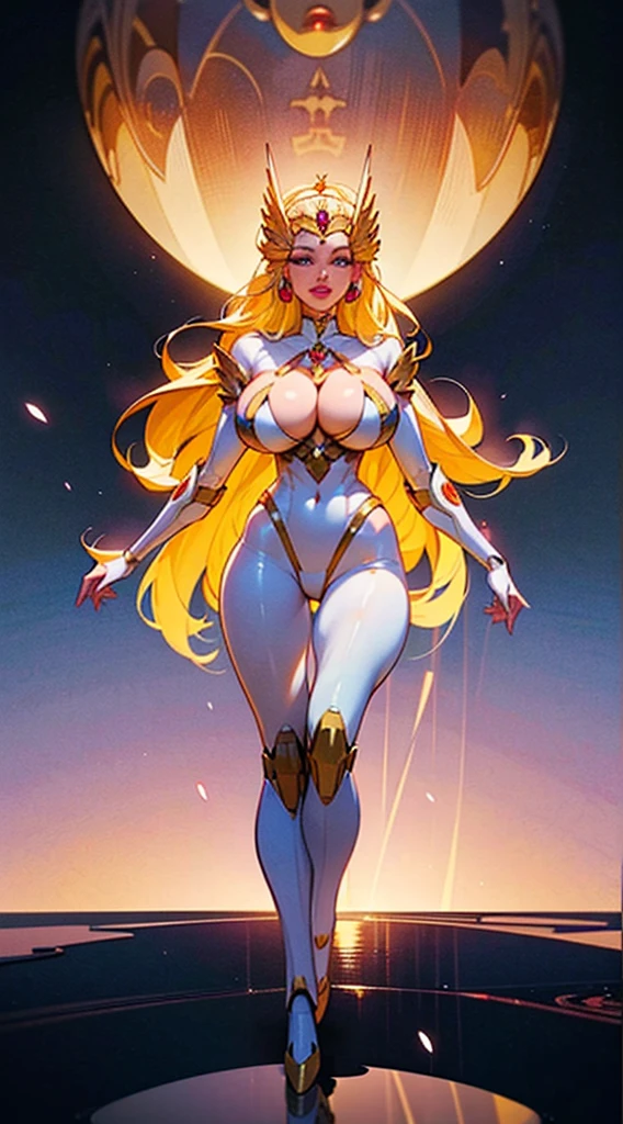 high quaLITY, DEATILED, ((full body view)), futuristic city background, (((masterpiece))),((best quality)),((detailed)),1girl,realistic,(robot_girl,Mecha):1.2,(breasts pressed together), (forehead crown), Ceramic body,Smooth shoulders, golden crown, (full puffy liplonde hair, she-ra aesthetic, (puffy lips:1.4), Network background,Extremely detailed city,(Translucent body.),Reflective skin),thigh_gap,Detail face,long_hair,8k,Best quality,Super delicate,(Surreal:1.4),(gigantic breasts:1.2),