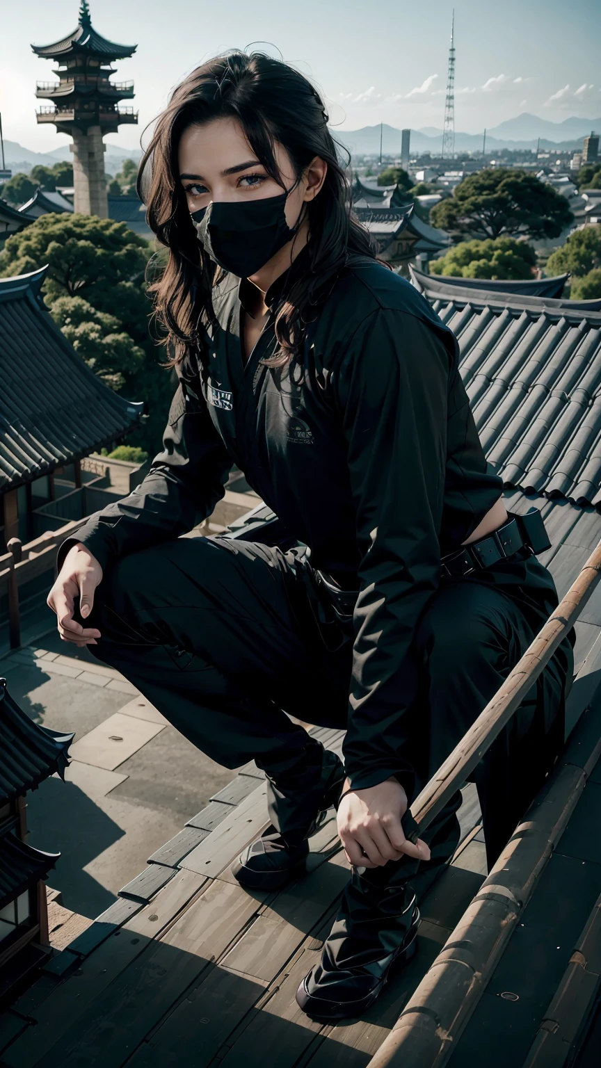 22 year old woman、Hair color is black、blue eyes、long hair、The ends of the hair are wavy、Covering his face with cloth like a ninja、Wearing an all-black ninja suit、Slender but muscular body、I'm on the roof of a Japanese castle、crouching like a ninja