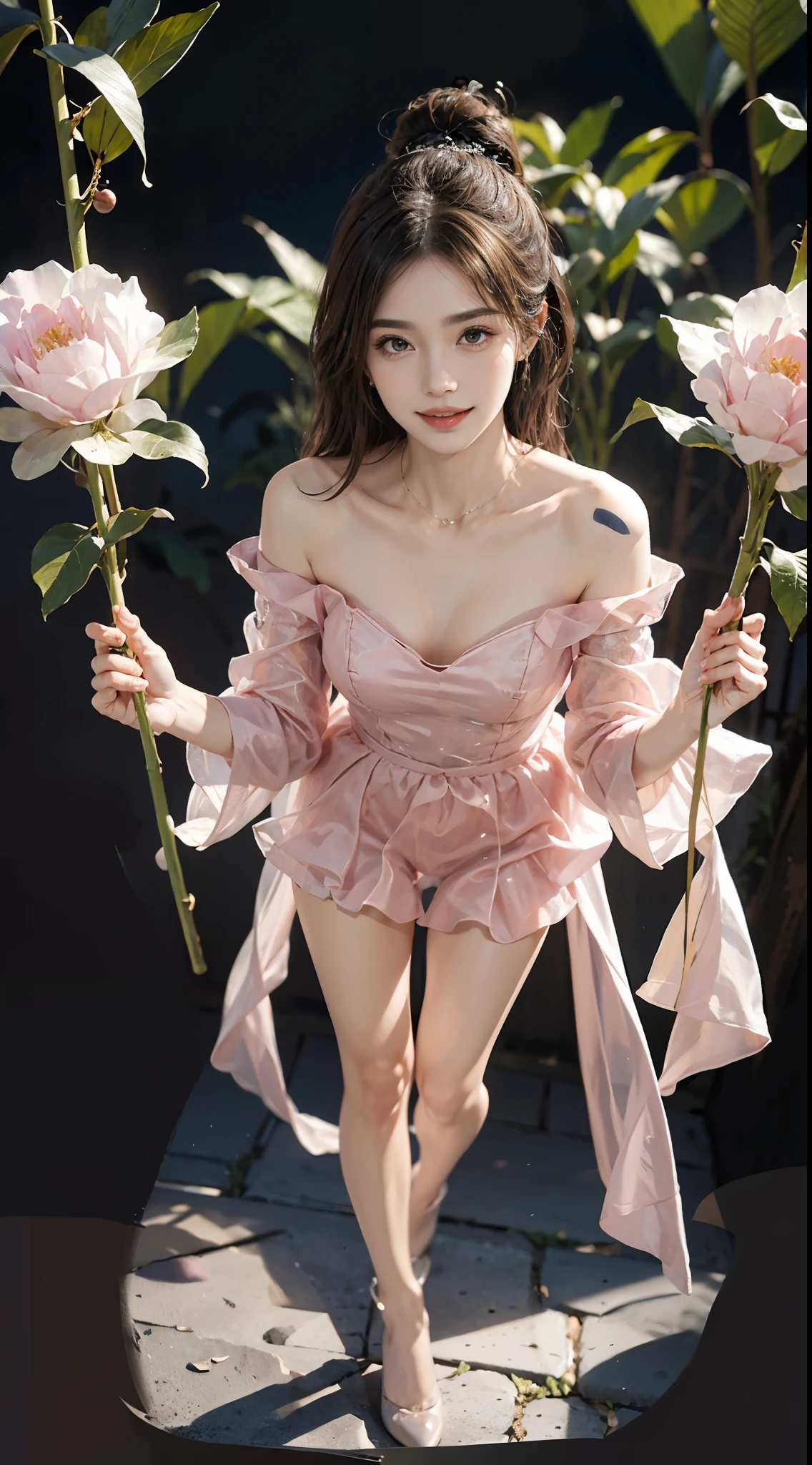 dress, ((full body)), ((leaning forward)), (上身前倾, 弯腰), ((from above)), ((realistic)), 1girll, posed for photo, Outdoor scene, the night, lamplight, Stand up, Pleasing posture, Eye-catching poses, pretty legs, looking at viewert, Detailed scenes, curlies, Air bangs, Beautiful hair accessories, Brownish-yellow hair, light make-up, Blushlush, Gloss on lips, (Campus style), warm lights, a warm color palette, Detailed details, 超詳細, (tmasterpiece, best qualtiy), (An extremely delicate and beautiful work), Delicate earrings, Delicate necklace, Simple blurred background, Extreme detail description, Ultra-fine painting, Delicate face, slim toned body, Slimming the waist, (grin, happy grin, Baring teeth), (anatomy correct)