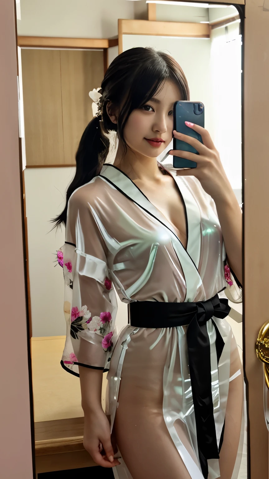 NSFW、最high quality、high quality、best image quality、8K、最High resolution、High resolution、最high quality、masterpiece、realistic pictures、RAW photo、realistic atmosphere、(detailed face)、(fine hands、thumb1reference4)、(beauty of japan )、very nice face、cute face、((beautiful japanese girl))、(woman), ((18 year old beautiful girl))、(glossy black hair)、(straight long hair)、(ponytail)、whole body、slim style、(shiny skin)、(Fair skin, Glossy skin)、real human skin、realistic human body structure、perfect body, perfect face, perfect hands, perfect fingers, perfect lips, perfect eyes,perfect teeth、perfect background, perfect atmosphere, soft natural light、samurai kimono、maiko kimono、servant、geisha kimono、japanese kimono、Furisode、kimono、Yukata、japanese traditional、((There is a very large dressing table in the room..))、((Transparent see-through(flowery kimono、Hakama with side slits))、((standing front of mirror(Hold your smartphone、Girl taking a selfie of herself in the mirror))