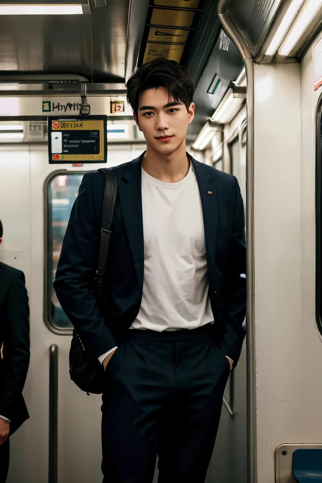 1人，A 20-year-old man in the subway，Standing in a subway car，Ultra-flat head，Wearing a suit and pants，huge bulge,  leg apart，musculous，Handsome，Look at your phone，Wear AirPods，Wear an Apple Watch，Sport backpack，white short socks，White sneakers，pervert smirk，exhilarated，full bodyesbian，Exposing thighs，Expose calves，Thick leg hair，In crowded subway cars，gentlesoftlighting，tmasterpiece，best qualtiy，8K  UHD，digital SLR camera，filmgrain，Fujifilm XT3 Realistic painting art，Written by Midjourney and Greg Rutkowski