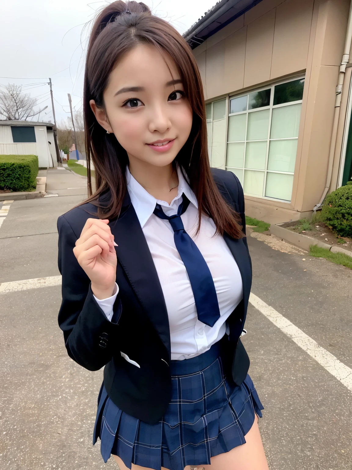 mix 4, (16K, Raw photo, best image quality, masterpiece: 1.45), (realistic, Photoreal: 1.37), one girl, cute, cityscape,, professional lighting, photon mapping, school classroom, Physically based rendering, dark brown hair,ponytail hairstyle, Beautiful well-groomed eyes、((double eyelid))、super cute girl, (((school uniform、blazer、Long-sleeved shirts worn by Japanese high school girls、ribbon tie、navy blue mini skirt,、dark blue socks、black loafers))), highest quality photos, High resolution, 1080P, (clear face), (Detailed facial description), (detailed description of hands), (masterpiece), (Detailed CG)、extreme light and shadow、messy hair、master work、Rich details、(detailed facial features)、(highest quality photos)、(Masseter muscle part)、(detailed eye)、look in front of you、thin clavicle、((slender and big))、(((Japanese high school girls wear jackets and long-sleeved shirts)))、((neat idol))、((school gate、schoolyard、School building in the background))、(Take photos from random viewpoints)、(((Anyway it&#39;s cute)))、earrings、big smile、Draw the whole body from the knees、Do not draw fine lines、(((Sports bags used by Japan schoolgirls)))、(Big breasts that hang down big:1.2)、big firm butt、Two arms and two legs、(((from the front:0.7)))、bare hands、(((symmetrical eyes)))、standing pose、put your hands on the desk、don&#39;t take the tie out of the jacket、raise your butt:1.5，bareback:1.5，