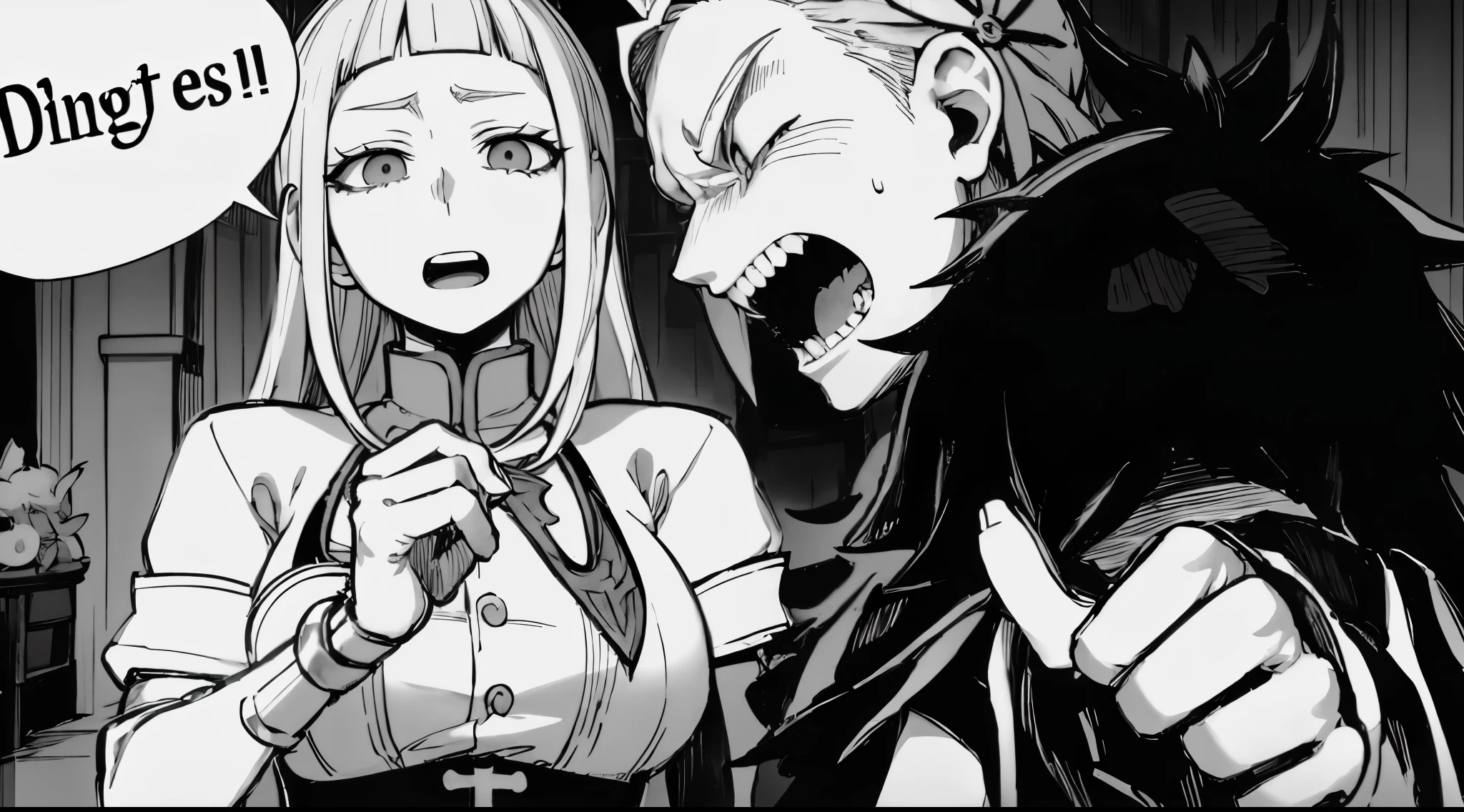 a black and white image of two people punching each othe on the face, only their faces are seeable,(one is a normal guy,and the other is a monster with two horns on his head)