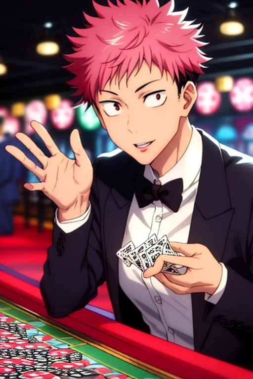 Highres, Masterpiece, Best quality at best,Best Quality,hight quality, hight detailed, Anime style, 1boy, Boy, Shota, Solo person, Sleeveless vest, Narrow shoulder, Tie, Gloves, Choker, Casino, Waiter, night day, Slim body, smile, sweat, Body, Simple beckground, Seen from the front, Serving food, (very young boy), (very small and short body)