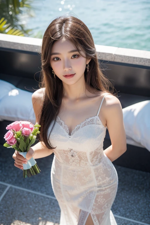 Ulsan-6500-V1.1、Extremely detailed、High definition、Raw color photo、wide shot、ung woman、Kpop Girl、high detail skin、soft light from above、vivid colors、shiny white skin、wonderful face and eyes、Light makeup、Smile、thin lace long dress、long legs、Fashion Model、standing pose on the runway、Bouquet in hand、