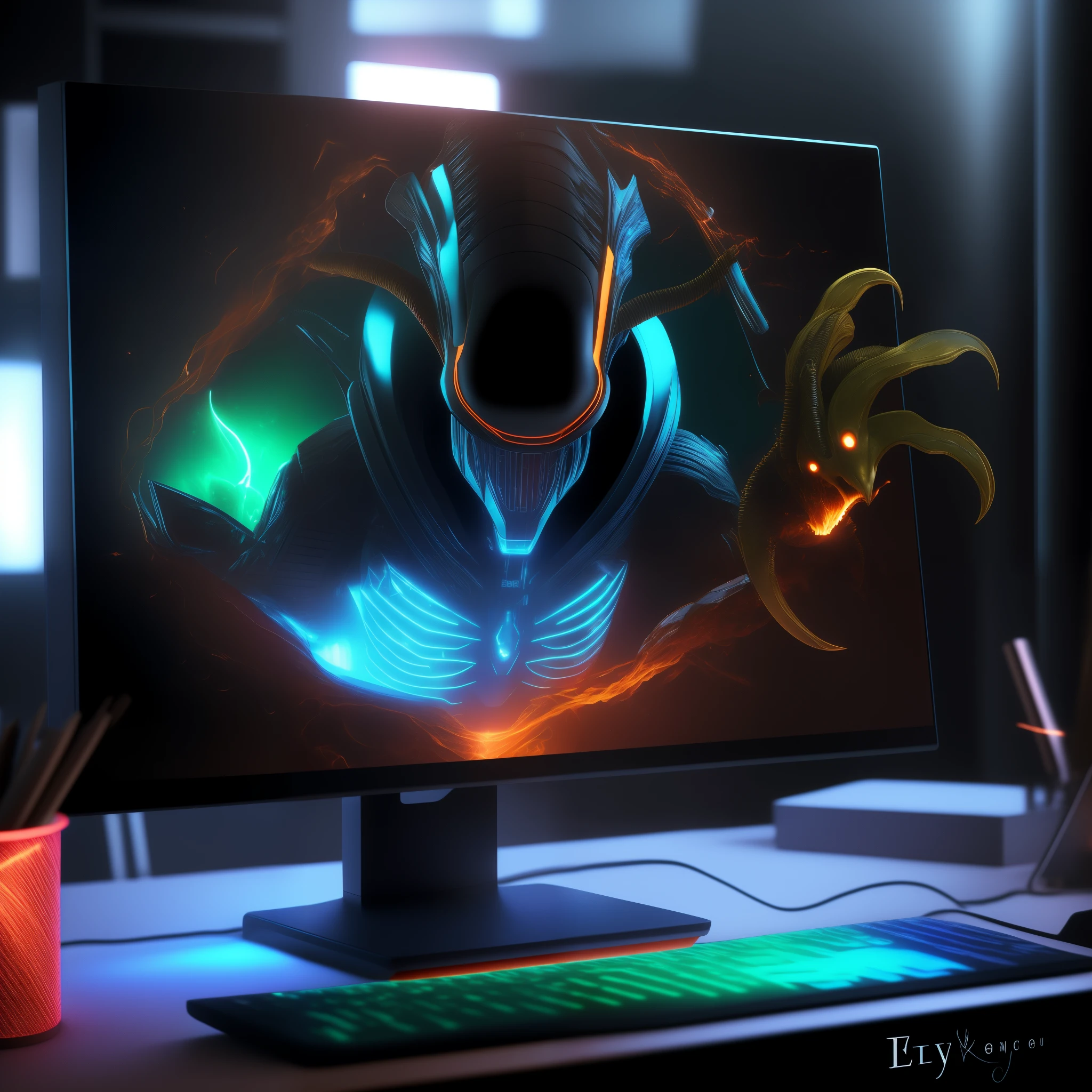 ,fire,red,arafed alien computer monitor with a glowing image of a human, gamer screen on metallic desk, 8k computer render, 8k octae render photo, 8 k highly detailed art, an alien working on a computer, unreal 5 engine render, 8k render”, unreal engine 5 digital art, 4k highly detailed digital art,3d