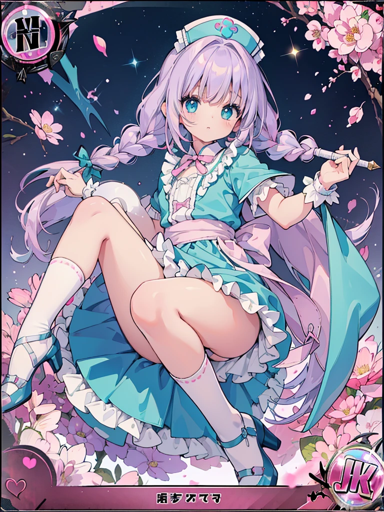 photo realistic, (masterpiece,best quality:1.4),(8k,raw photo,photo realistic:1.2),Not Safe for Work, detailed skin,detailed face,1girl,princess, cute face, super resolution,retro realistic details Illustration,,{{{elaborate,intricately,fantastic,delicately,tremendous,meticulous,minute,incredibly,obsessed,artisan's,subtle,virtuoso,skillful,vibrant, vivid, complex}}}, clearly focus edge, fresh natural gradation, best quality, amazing quality, very aesthetic, absurdres, pubisure, (((Pink gothic dresses))), mini frilled skirt, (((twin braids))), (frilled panties), happy, ((nurse cap)), ((fighting stance, {{kung fu}}, leg up,)), Alice (Alice in Wonderland), Hair Between Eyes, ((Long hair)), ((light purple hair)), shimmering eyes, aqua eyes, child, 12 yo, petite, cute, (((cape))), Puffy Sleeves, shortsleeves, (((Holding a cute magic wand))), (White frilled apron), flat chest, beautiful hands, neck ribbon, White gloves, baby face, twinkle in the eye, ((pink ribbon)) (((frilled overknee socks))),(((high tops))), ((high heels)), Heart necklace, ring, masterpiece, top-quality, not safe for work, yumekawa,yumekawaii, pastel color,(wonderland:1.3),imagination, (((falling petals))), Flower, (Multicolored lights), (((trading card)))