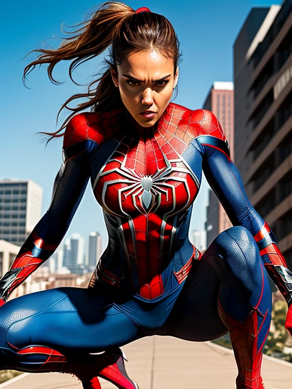 "Jessica Alba is Spider-girl, wearing a Spider-Man ripped costume with sexy physique, young face, intricate Spider-Man ripped costume, long pony tailed hair, showcasing her strength, veins and determination while doing a Spider-Man pose. Ultra high definition and resolution, capture every detail of her intense expression and powerful stance. Photorealism brings her presence to life."