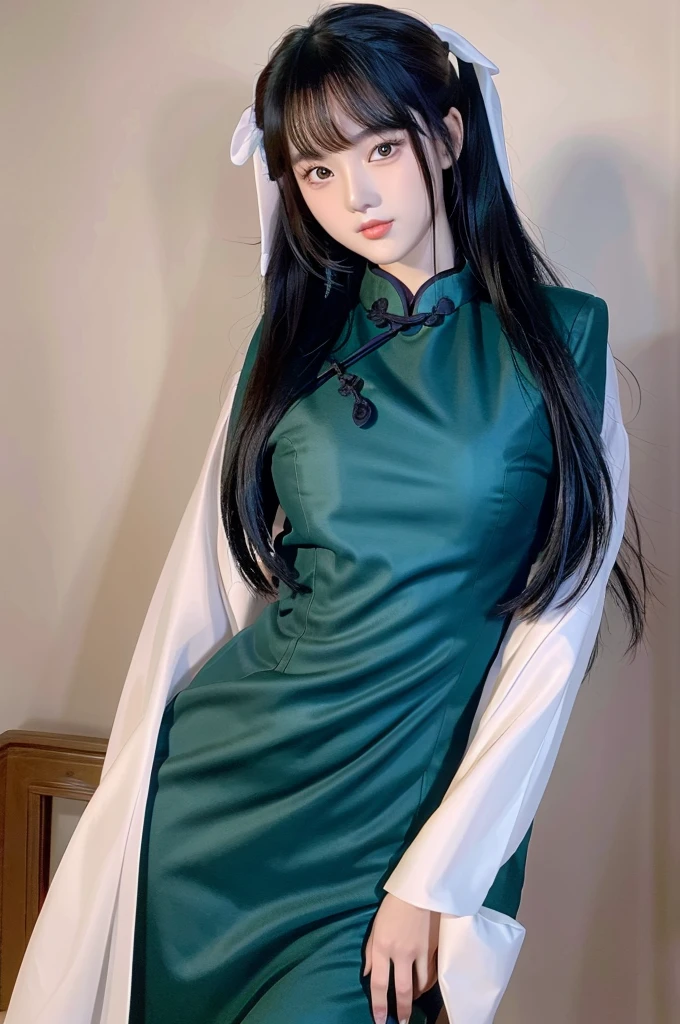 There is a girl in a green dress, plum blossoms, palaces, oriental architecture ray tracing, {best quality}, {{masterpiece}}, extremely detailed 8K wallpaper, {an extremely delicate and beautiful}, colorful, intricately detailed, Realistic, real, camera quality, (detailed depiction of clothes), cool white skin, (detailed depiction of blush), 1080p, sun, soft cuteness, smooth light silver hair, messy beauty, lighting, broken feeling, bright and silky skin , 3D stereoscopic, masterpiece, best quality, super fine illustration, beautiful eyes, very fine light, fine glow, very fine 8K CG wallpaper, peach eyes, red pupils, an extremely delicate and beautiful girl, 8k Wallpaper, best quality, full body close-up, white long dress, luxurious silky bright red chiffon floodlight (magic, glitter, ultra-thin, soft,) Hanfu