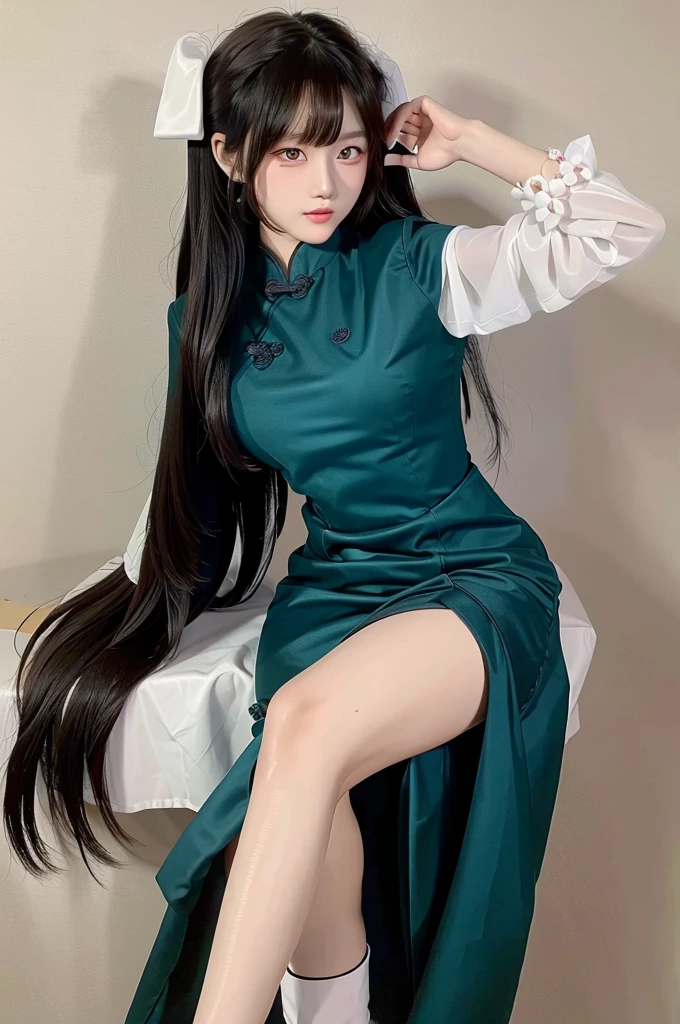A Korean girl, radiantly beautiful in a Masterpiece illustration of Best Quality, dons a traditional Hwarot Dress in vibrant colors. Her Medium-length, perfectly styled hair cascades down her shoulders, framing her glowing, intricately detailed eyes. The illustration boasts Ultra-detailed, finely crafted features, the resolution so high it forms an 8K Wallpaper. With a natural color lip and random poses, her youthful charm shines through at the tender age of 20. Her beautifully designed Hanbok accentuates the subtle cleavage of her breasts, the natural colors of her skin and legs displayed with incredible realism.
