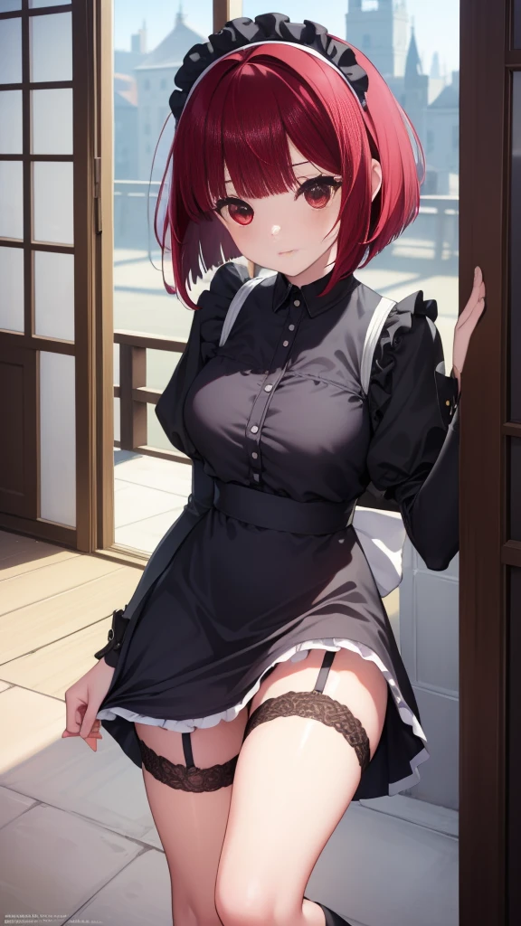 Arima maybe, Arima maybe, bob cut, (red eyes:1.5), redhead, short hair, , Maid clothes,ruffle skirt,Gothic Lolita,hair in the wind,garter belt、thighs,knee high socks,sexy,
break looking at viewer,
break indoors, mansion,
break (masterpiece:1.2), highest quality, High resolution, unity 8k wallpaper, (shape:0.8), (beautiful and detailed eyes:1.6), highly detailed face, perfect lighting, Very detailed CG, (perfect hands, perfect anatomy),