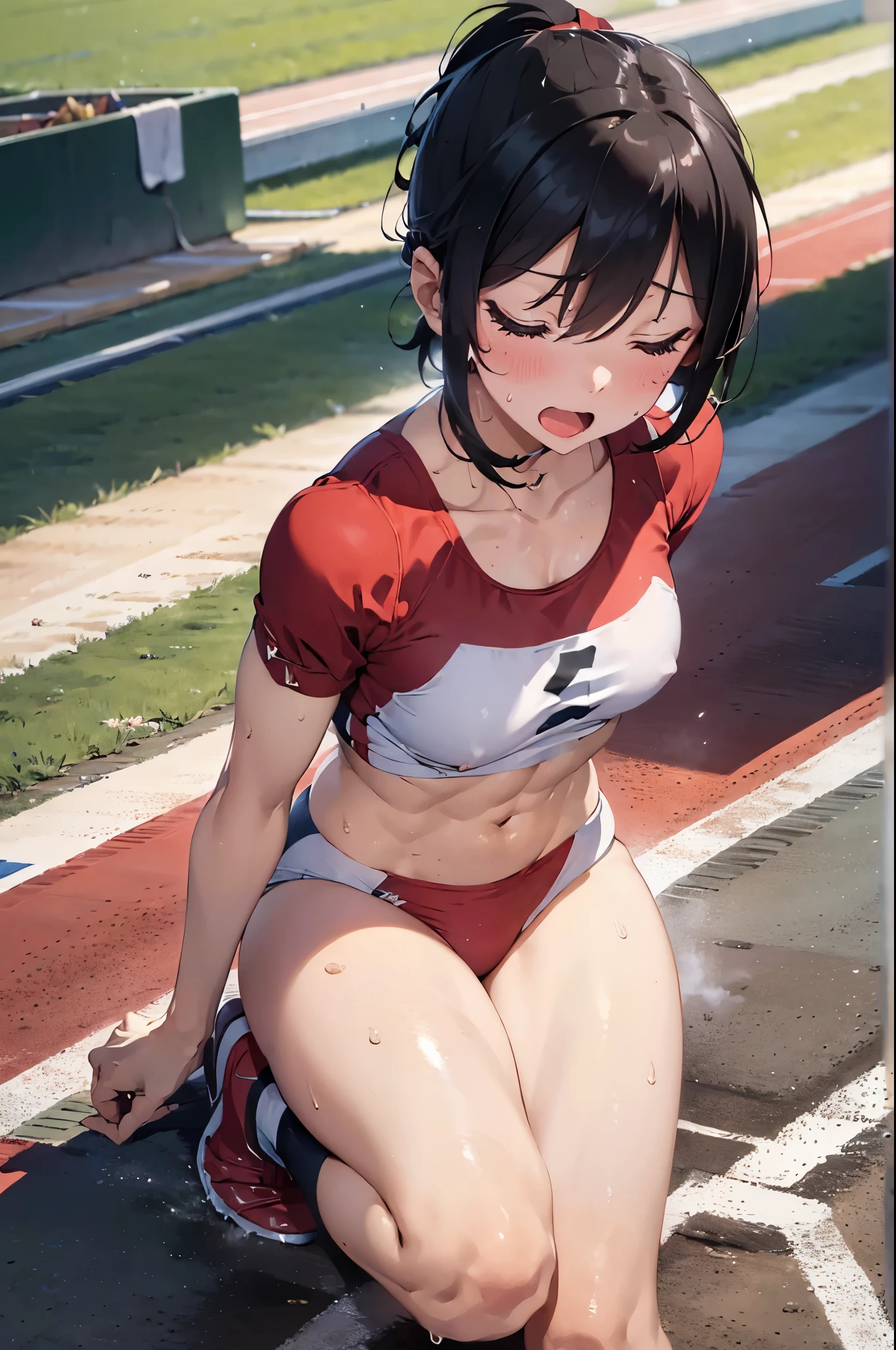 masterpiece, best quality, ultra detailed, ultra high resolution, very detailed face, solo, anime, 18 yo girl, black short hair, ponytail, full body shot, (wearing a dark red sprinter uniform and bloomer:1.2), exposing an abdomen, slim and tall body, small breast, raw thighs, (six pack abs:1.25), (leaning forward:1.2, hands on the knee:1.2), painful face, (open mouth:1.2), (close eyes:1.3), (sweat:1.45), standing on the track field, in the athletics stadium
