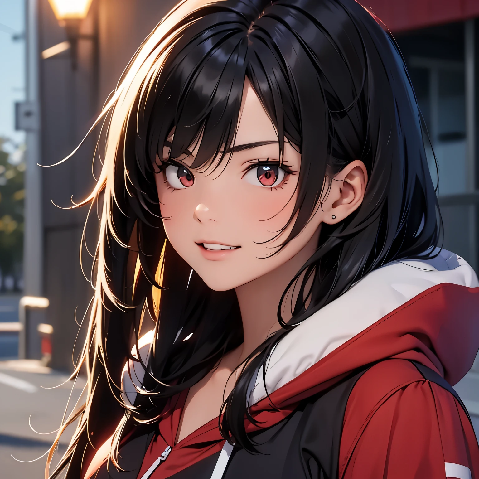 anime, girl, black hair, hoodie, looking down, smile, angry, red eyes, powerful, energy, black room, sinister, yandere, crazy, closeup shot