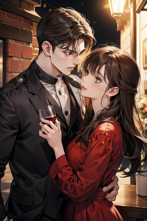 Couple, 1 girl 1 boy, different hair color, long black hair bang and grey eyes, medium brown hair and amber eyes, with slight beard, romance, outdoor, in the night, glowing effect, boy holds bottle while pouring red wine in glass near girl
