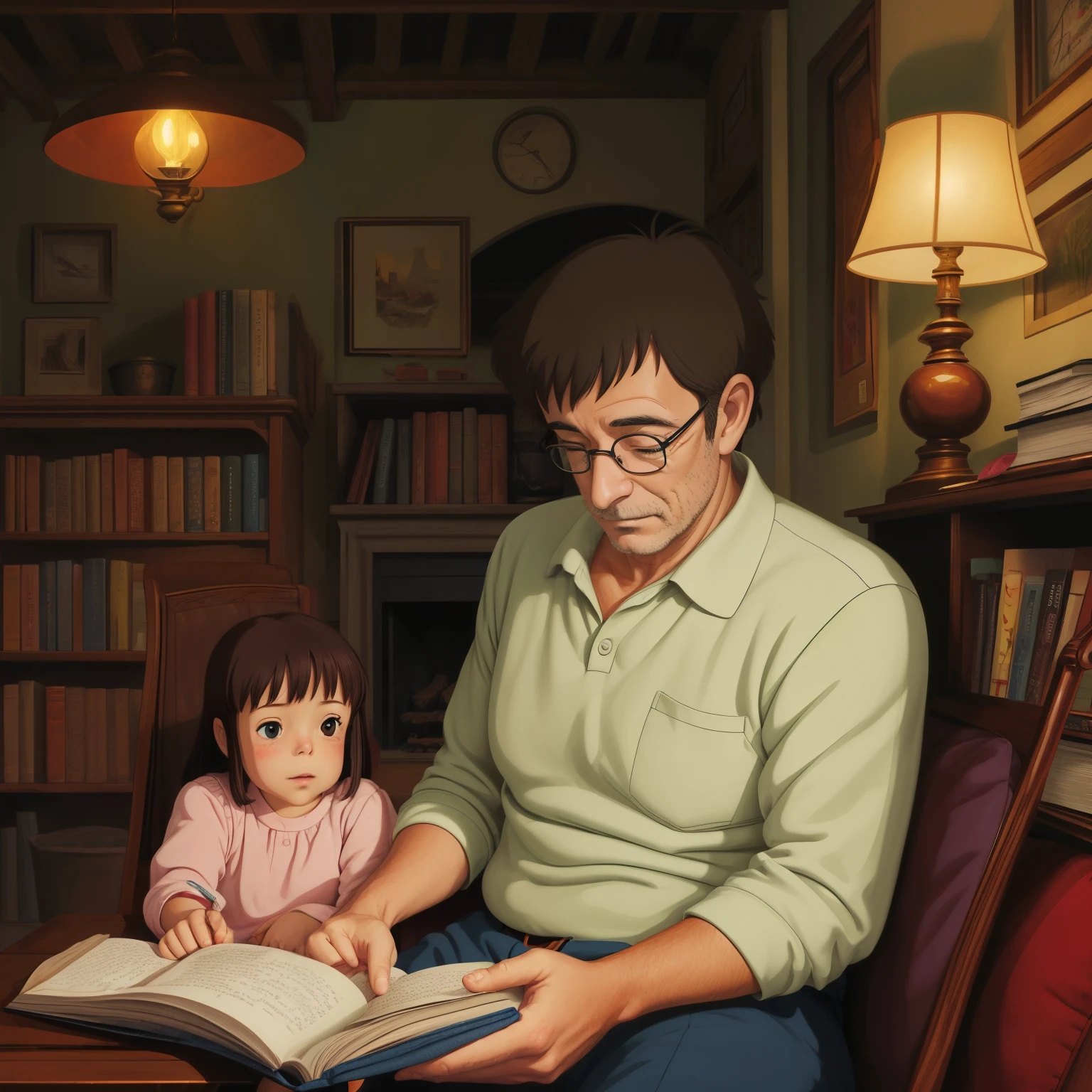 Ghibli art, a father and a daughter reading a book, warm atmosphere, detailed room, lovely digital painting