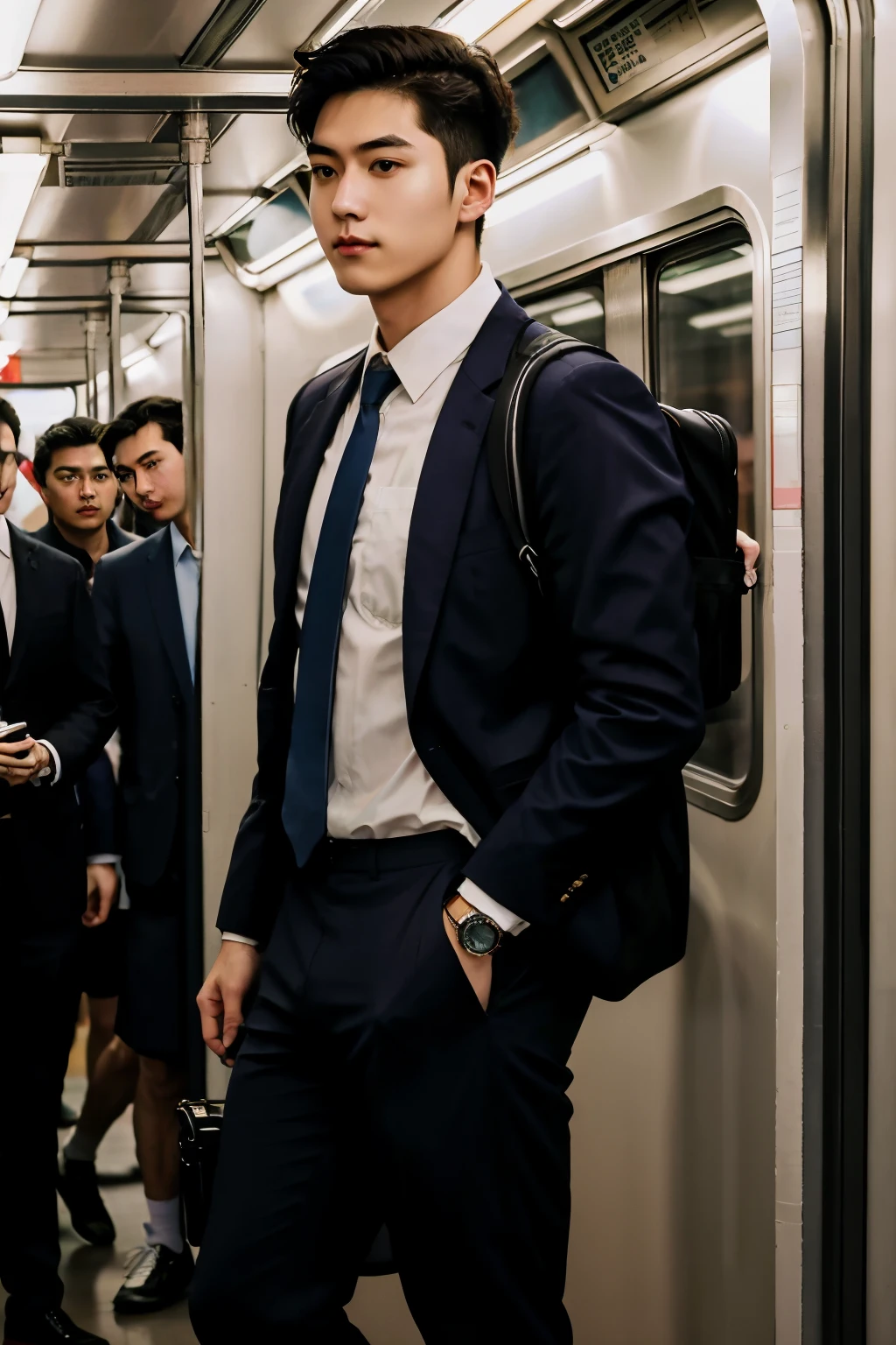 1人，A 20-year-old man in the subway，Standing in a subway car，Ultra-flat head，Wearing a suit and pants，huge bulge,  leg apart，musculous，Handsome，Look at your phone，Wear AirPods，Wear an Apple Watch， backpack，white short socks，White sneakers，pervert smirk，exhilarated，full bodyesbian，Exposing thighs，Expose calves，Thick leg hair，In crowded subway cars，gentlesoftlighting，tmasterpiece，best qualtiy，8K  UHD，digital SLR camera，filmgrain，Fujifilm XT3 Realistic painting art，Written by Midjourney and Greg Rutkowski