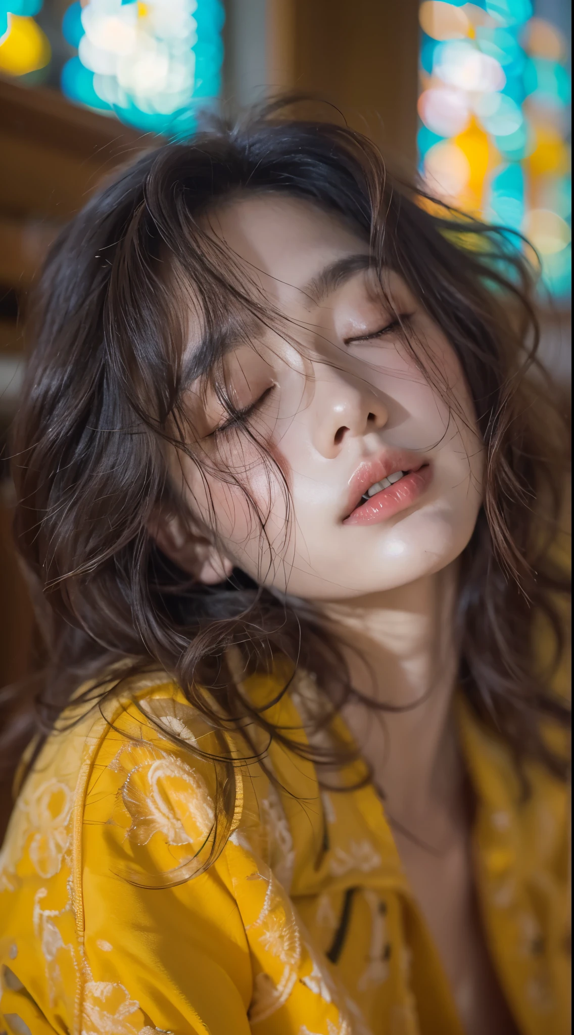  A Korea girl sleeping on floor, in church , top view details face , details body , wear bomber jacket yellow