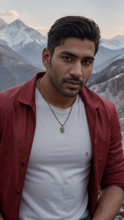 Closeup Protrait, Winter Magic, Handsome Indian Men, Standing On Mountain, Wearing Stylish Tshirt And Jeans, Wearing Red Stylish Jacket, Clean Save Men, One Side Pushed Back Hairstyle Men, 35 Year Old Men, Detailed Eye, Detailed Face, 4k Image, High Quality Image,photorealistic,Portrait,Realism