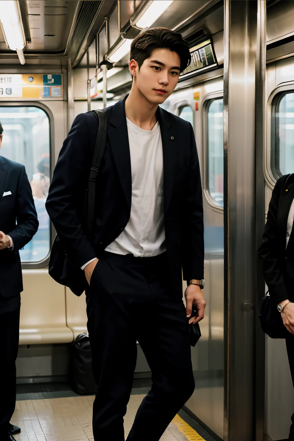 1人，A 20-year-old man in the subway，Standing in a subway car，Ultra-flat head，Wearing a suit and pants，huge bulge,  leg apart，musculous，Handsome，Look at your phone，Wear AirPods，Wear an Apple Watch， backpack，white short socks，White sneakers，pervert smirk，exhilarated，full bodyesbian，Exposing thighs，Expose calves，Thick leg hair，In crowded subway cars，gentlesoftlighting，tmasterpiece，best qualtiy，8K  UHD，digital SLR camera，filmgrain，Fujifilm XT3 Realistic painting art，Written by Midjourney and Greg Rutkowski