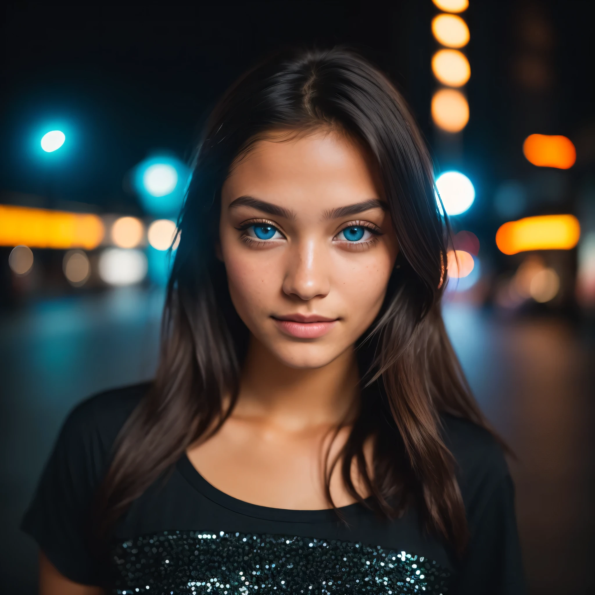 (Portrait), (Half of the body: 1.4), RAW UHD portrait photo of a 24 year old brown (Girl with Blue Eyes), You look about 16 years old, walking in a dark alley, large breasts, wearing a black t-shirt with a neckline, city at night, details (fabric !, hair !, sequins, colour !! , drawbacks: 1.1), bright eyes with high level of detail (look into camera), SLR lighting, SLR camera, ultra quality, Sharpness, Depth of field, film grain (centre), Fujifilm XT3, crystalline, centre of frame,sharp focus, street lighting, neon lighting, bokeh (low light), night, (night sky), detailed skin pores, oily skin, sunburn, complex eyes, unique face, shooting, Wonderful Spanish Happy Girl, Light on Face, light tan