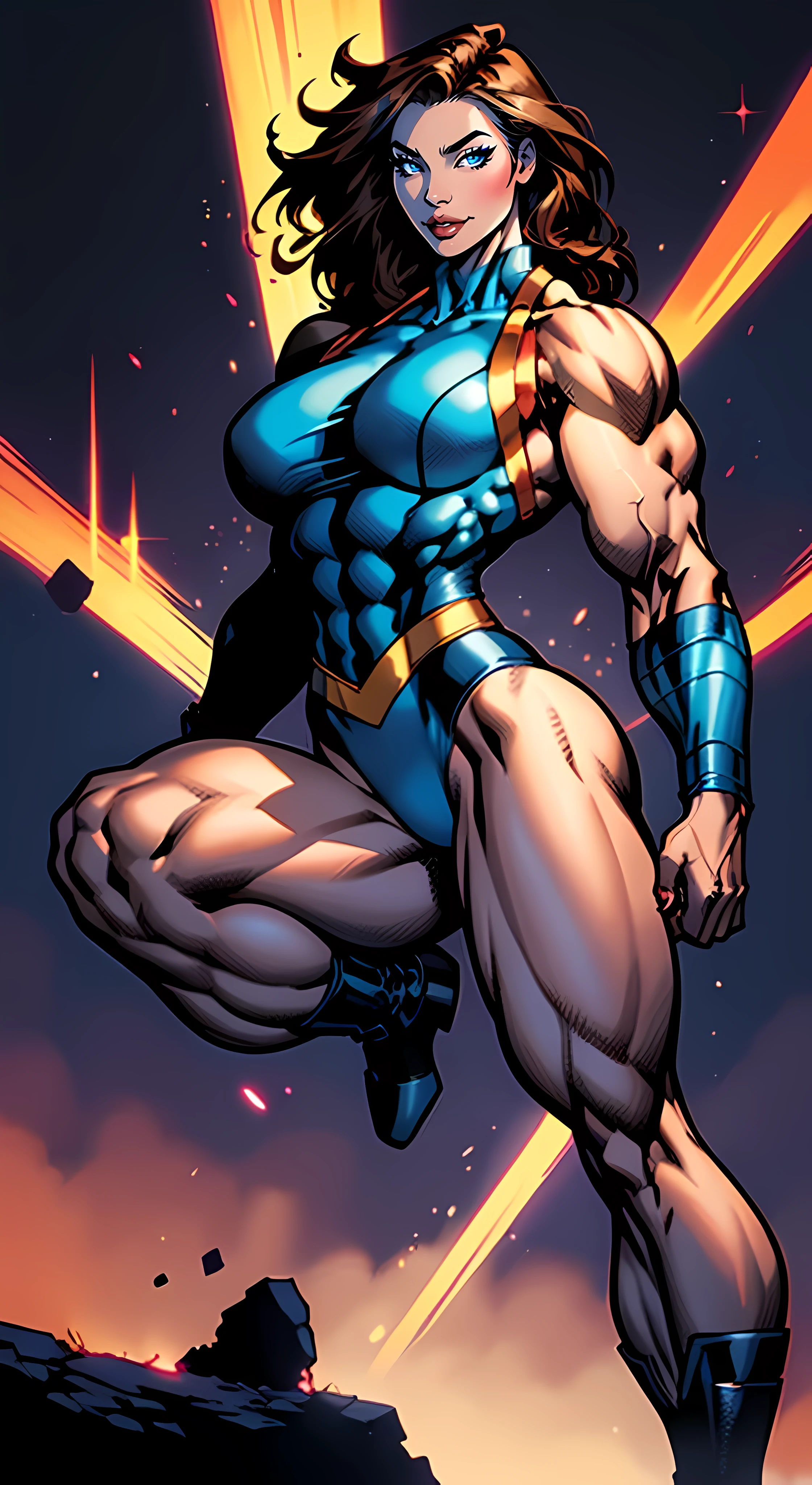 35-year-old woman, (masterpiece), (Best Illustration), high resolution, ((((Muscular Legs)))), (((????????????))), ((wide ????)), (((no abs))), ((Female Bodybuilder)), chubby tummy, soft belly, ????????, cut-off shorts, sleeveless jacket, leotard, boots, ???? shoulders, hip dips, long and straight brown Hair, face like Psylocke from X-Men, dark skinned, dynamic angle, vibrant colors, glowing effect, volumetric light, dark background, simple background