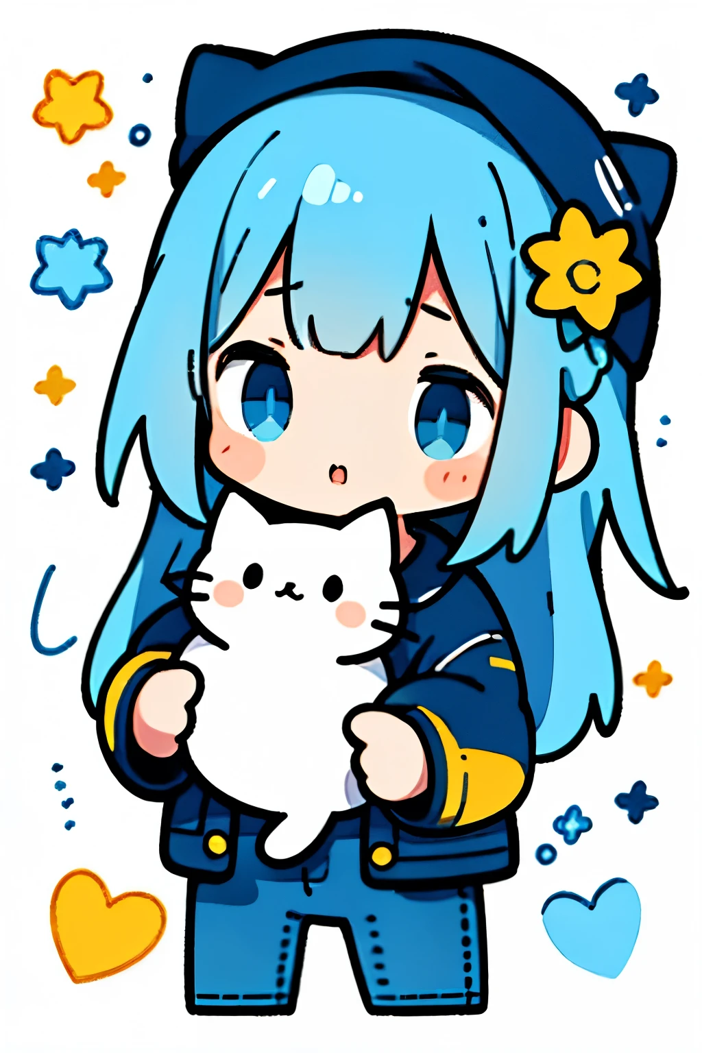 This is an illustration，Depicts an anime style girl。She has blue hair and blue eyes，Wearing blue jeans and black shoes。In her hands she holds a white kitten，There are several kittens playing around。The background is light blue，Scattered with flowers of various colors，Gives people a dreamy and warm feeling