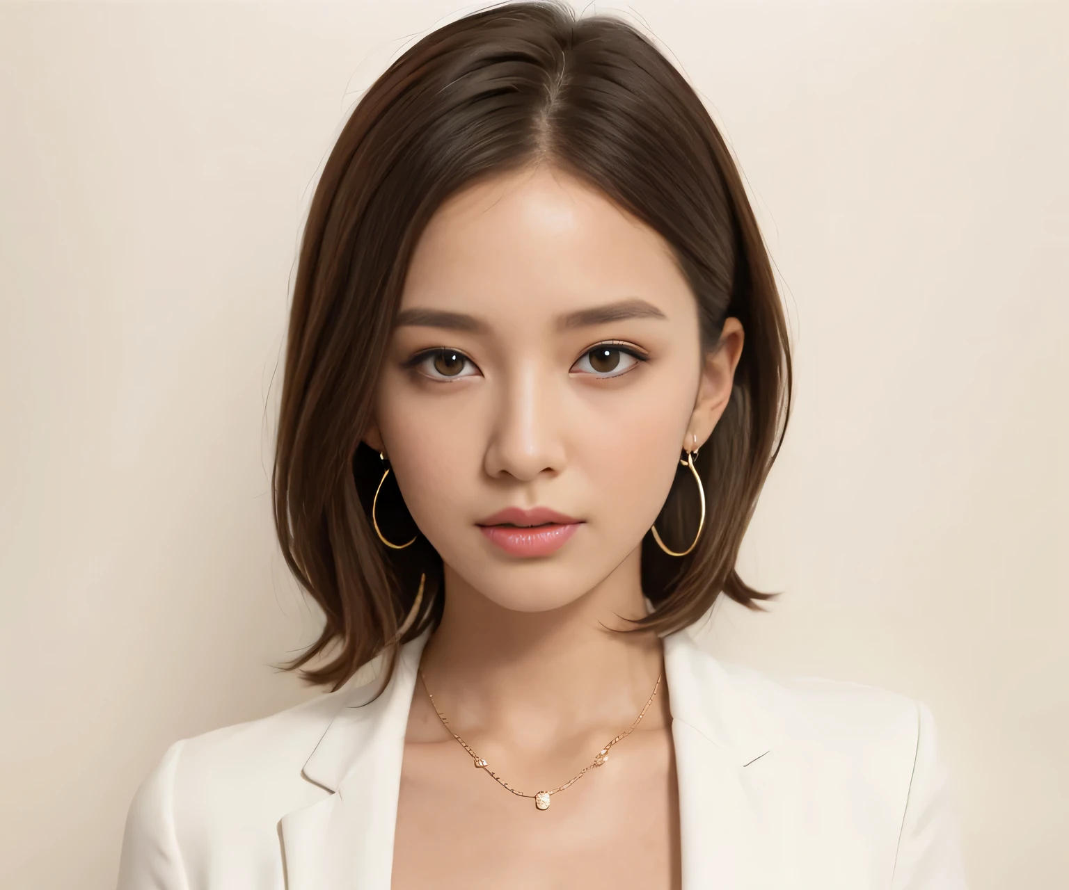 1girl, solo,breasts，  looking at viewer, short hair, brown hair, shirt, black hair,  brown eyes, jewelry,  earrings, parted lips, , mole, blurry, lips, mole under eye,realistic, nose