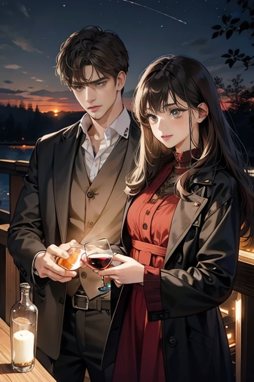 Couple, 1 girl 1 boy, different hair color, long black hair bang and grey eyes, medium brown hair and amber eyes, with slight beard, romance, outdoor, in the night, glowing effect, boy holds bottle while pouring red wine in glass near girl