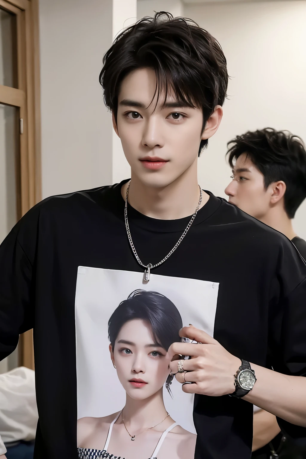 ((melhor qualidade, 8k, obra de arte: 1.3))、Homem coreano legal, 1Homem de 20 anos、Cabelo longo estilo coreano、Rosto robusto、nariz bonito、olhos e rosto detalhados、beautiful lighting、(studio)、high resolution、 (visible to the public)、Detalhes da boca、boca fina、,Sorrisos、todo o corpo: 1.5, figura corporal perfeita: 1.foto dos dois ombros:1.3, Vestindo uma camiseta branca e um casaco preto casual:1.5, accessories : (brincos masculinos, Colares, men's rings, Men's Watches)