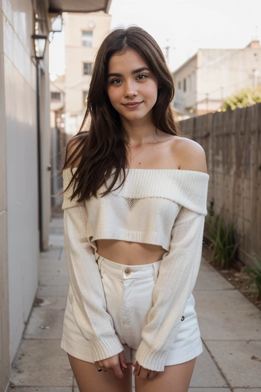 ((Mejor calidad)), ((obra maestra)), (detallado), cara perfecta, mandy kay, sonriente, off-shoulder sweater, cabello largo , 20 years old, looking to the camera.