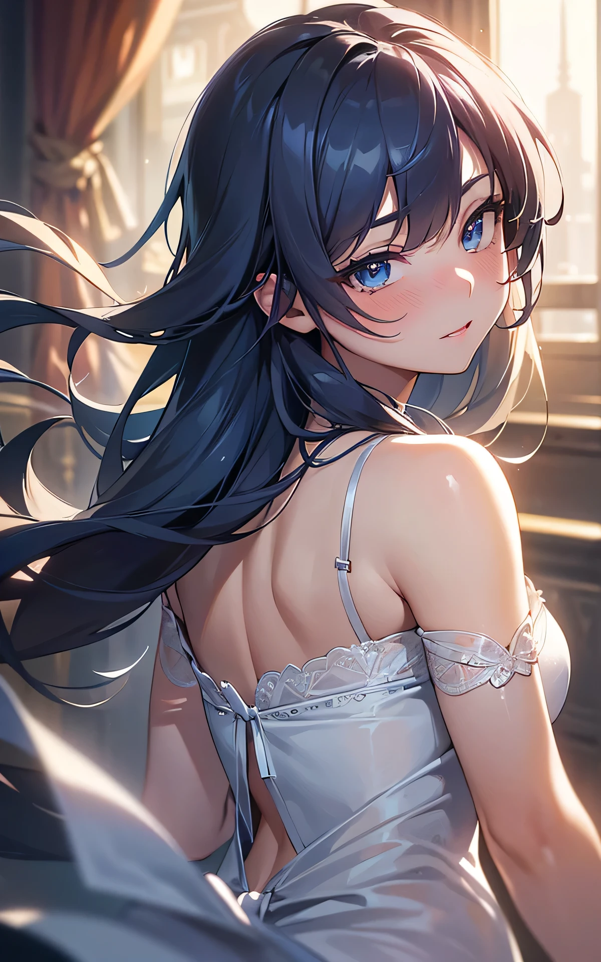 (Unity 16K Wallpaper, Masterpiece, Best Quality, Ultra Detailed, Extremely Detailed CG, Ultra High Resolution, Caustics, Detailed, Beautiful Detailed Eyes, solo, curby, negligee:1.3, dutch angle, looking back:1.3, portrait, embarrassed), fine skin, blue eyes