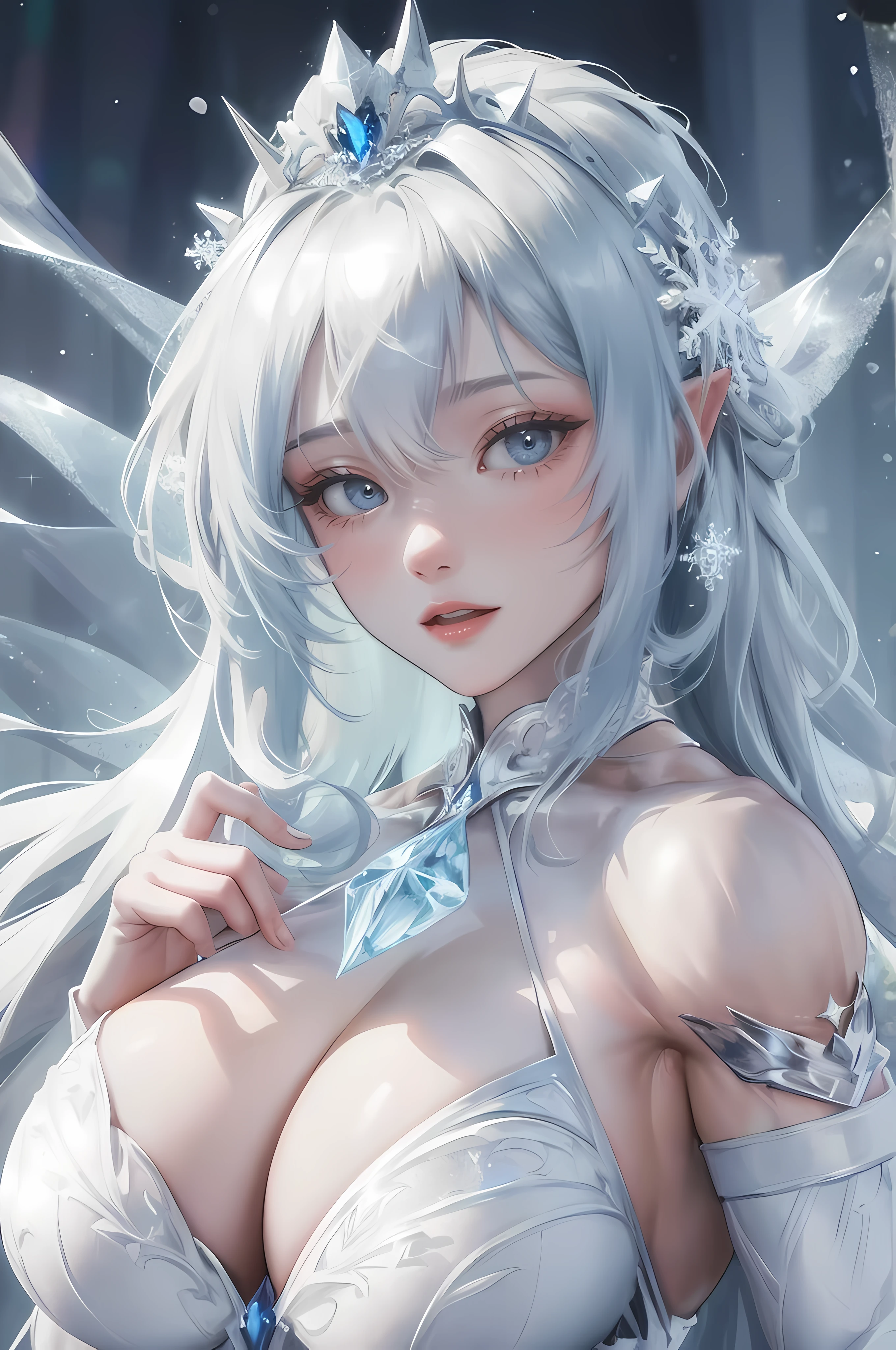 An elven (((Female Bodybuilder))) with ice powers, wearing a beautiful icy blue dress, standing in a snowy frozen landscape. The girl has long silver hair, sparkling blue eyes, and pale, flawless skin. Her dress is made of shimmering ice crystals, with intricate frost patterns and delicate snowflake ornaments. She has a calm, regal expression on her face and wears a silver tiara on her head. The surrounding landscape is covered in glittering snow, with tall ice pillars and frost-covered trees. The sky is filled with swirling snowflakes and a soft, ethereal light illuminates the scene. The colors are cool and muted, with shades of icy blues, silvers, and whites dominating the palette. The light casts long, dramatic shadows, adding depth and dimension to the image. The overall image quality is of the highest standards, with sharp details, realistic textures, and a sense of depth. The artwork is created using a combination of digital painting and 3D rendering techniques, resulting in a stunningly detailed and lifelike image. ((((Huge Muscles))))