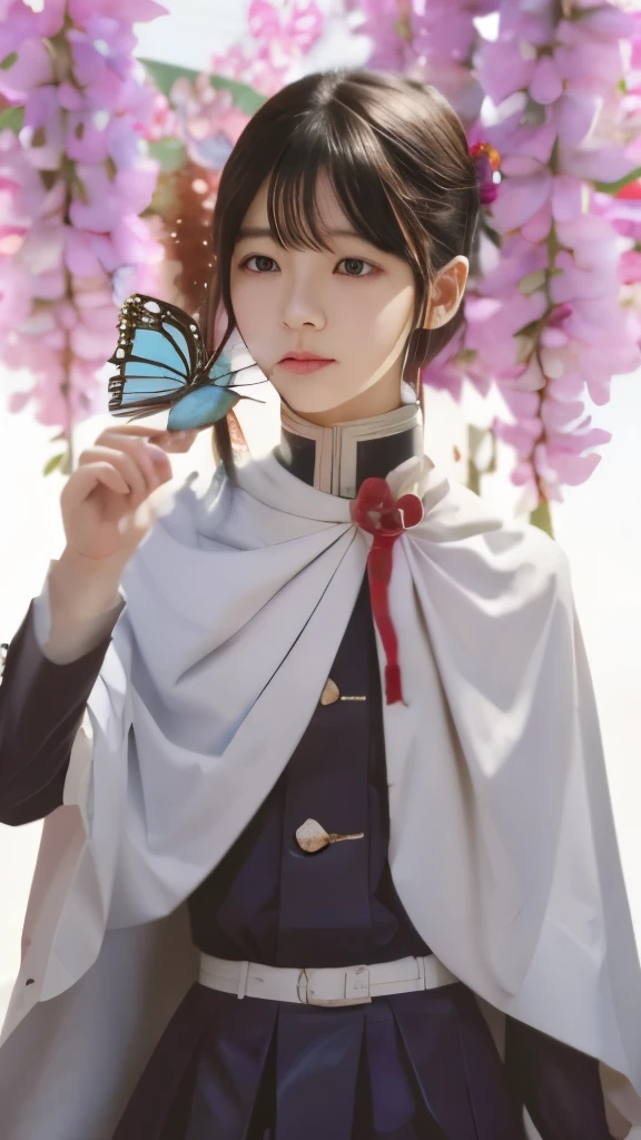 a girl with a butterfly in her hand and a butterfly in her hand, by Jin Homura, inspired by Munakata Shikō, inspired by Jin Homura, delicate androgynous prince, romanticism lain, hijikata toushirou, black - haired mage, a maid in a magical forest, anime moe artstyle, madoka kaname