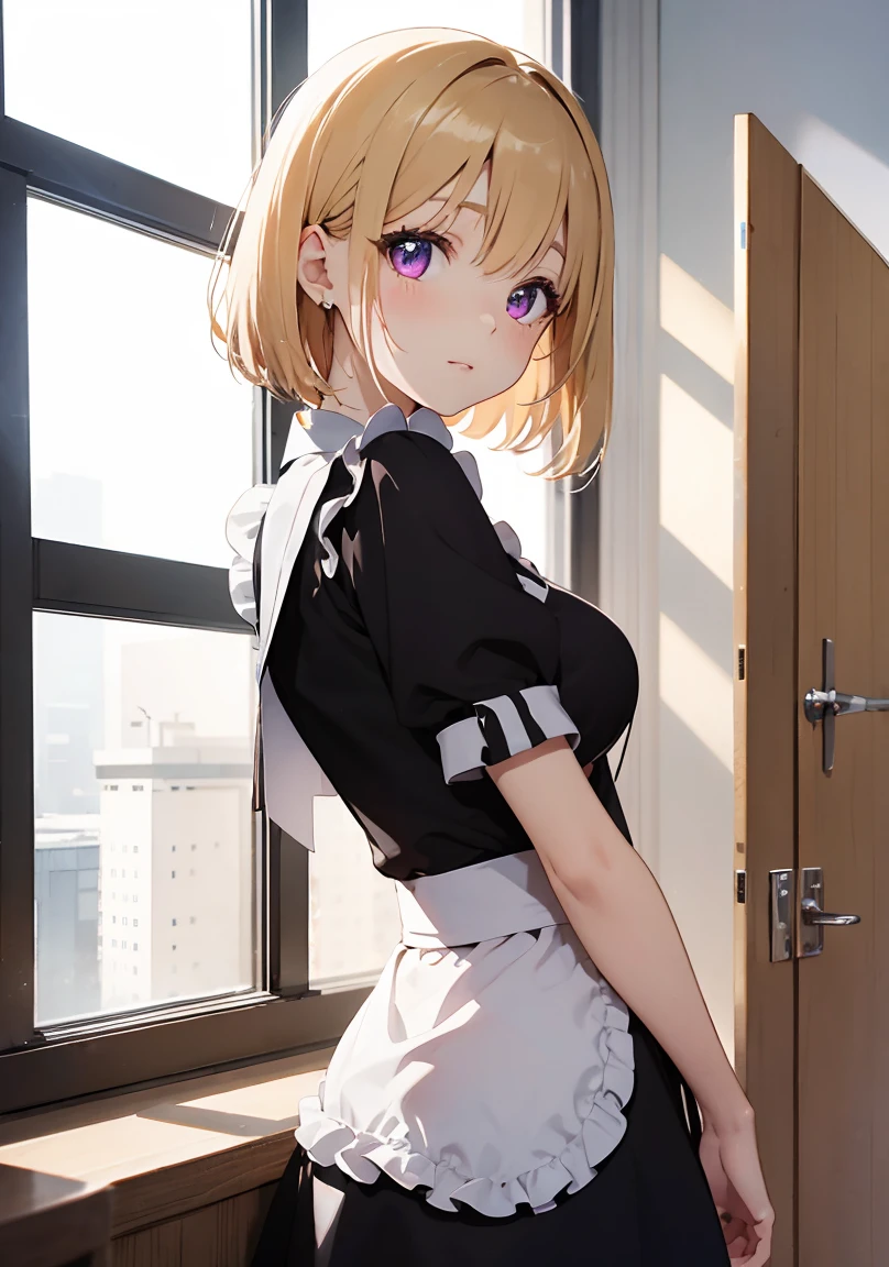masterpiece, absurdres, best quality, ultra detailed, high Resolution, detailed illustration, extremely beautiful detailed face and eyes, bright colour, 1girl, (li), cute face, Delicate beautiful face, magenta eyes, cute eyes, sparkling eyes, big eyes, medium breasts, (perky breasts:1.1), (pointy breasts:1.1), medium hips, glamorous body, white skin, happy, BREAK, long bob cut, (blonde hair:0.8), messy hair, detailed hair, shiny hair, BREAK maid uniform, tiny ribbon, Changing clothes, workplace locker room, real world, natural lights, perfect lighting,