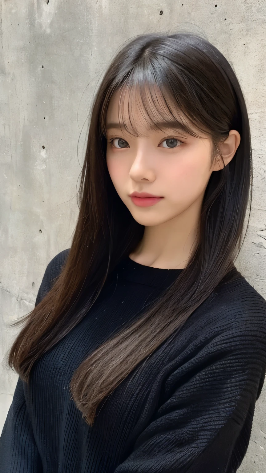 (highest quality、16K resolution)1 girl、alone、natural soft light、small breasts、japanese woman、look at the camera、wearing a black sweater、(Concrete background)、facing the front、Are standing、beaver、Woman in her late s、light bangs、(long hair)、salon model、natural look、portrait、floating hair、straight hair、black hair、Shiny hair