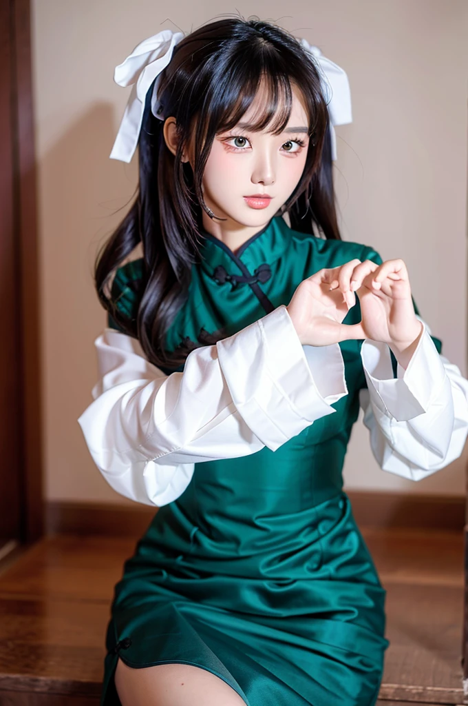 A Korean girl, radiantly beautiful in a Masterpiece illustration of Best Quality, dons a traditional Dangui Dress in vibrant colors. Her Medium-length, perfectly styled hair cascades down her shoulders, framing her glowing, intricately detailed eyes. The illustration boasts Ultra-detailed, finely crafted features, the resolution so high it forms an 8K Wallpaper. With a natural color lip and random poses, her youthful charm shines through at the tender age of 20. Her beautifully designed Hanbok accentuates the subtle cleavage of her breasts, the natural colors of her skin and legs displayed with incredible realism.