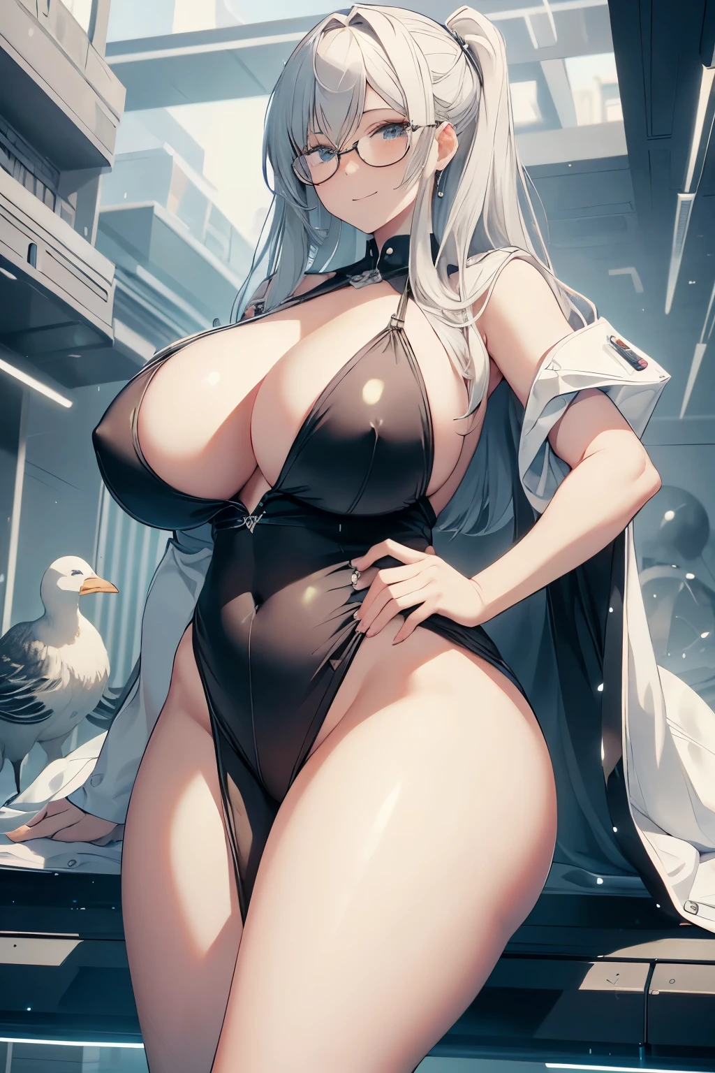 masterpiece ,best quality , 1 girl , 1 geese , (huge tits:1.1) , (thick arm:1.1) , thick thigh , huge hip , silver hair , lab coat , doctor's white robe , evil smile , black glasses ,