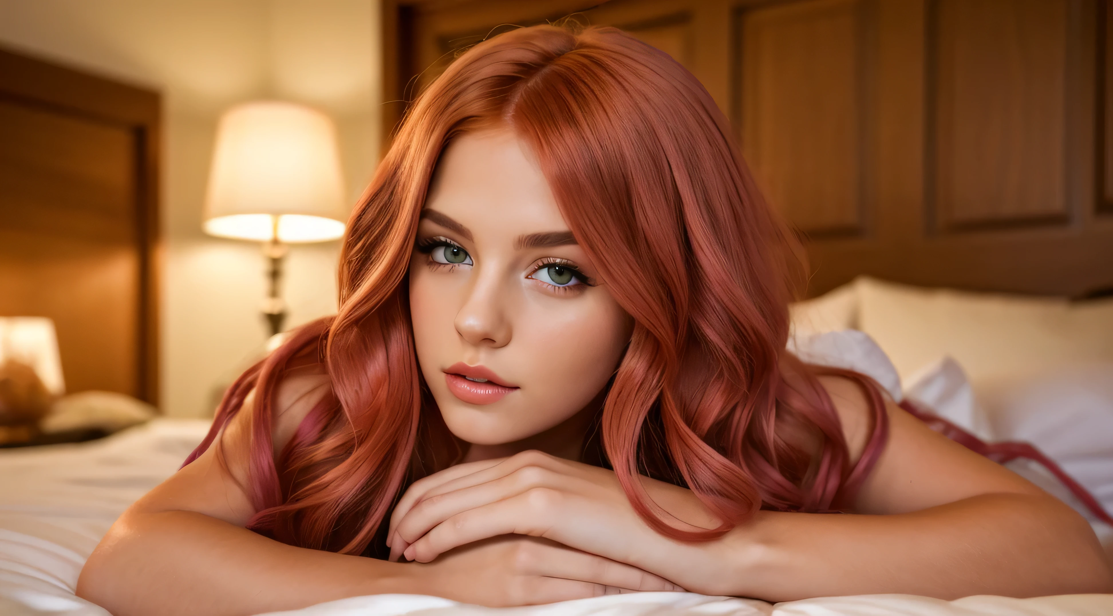 a beautiful thick juicy long bold hot pink strawberry blonde hair ababae on my bed, a siren looking at me as if her lust for me is unimaginable, 88K