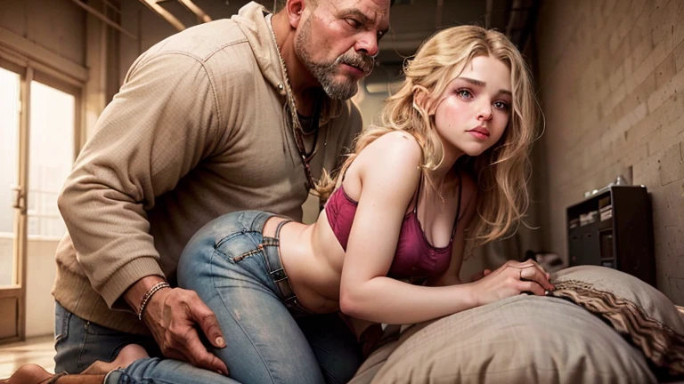 Young Chloe Grace Moretz gives fat homeless man in rags in the office, having sex with a fat homeless man in rags. A fat homeless man in rags gets a girl&#39;s ass squeezed from behind and gets penetrated, side view