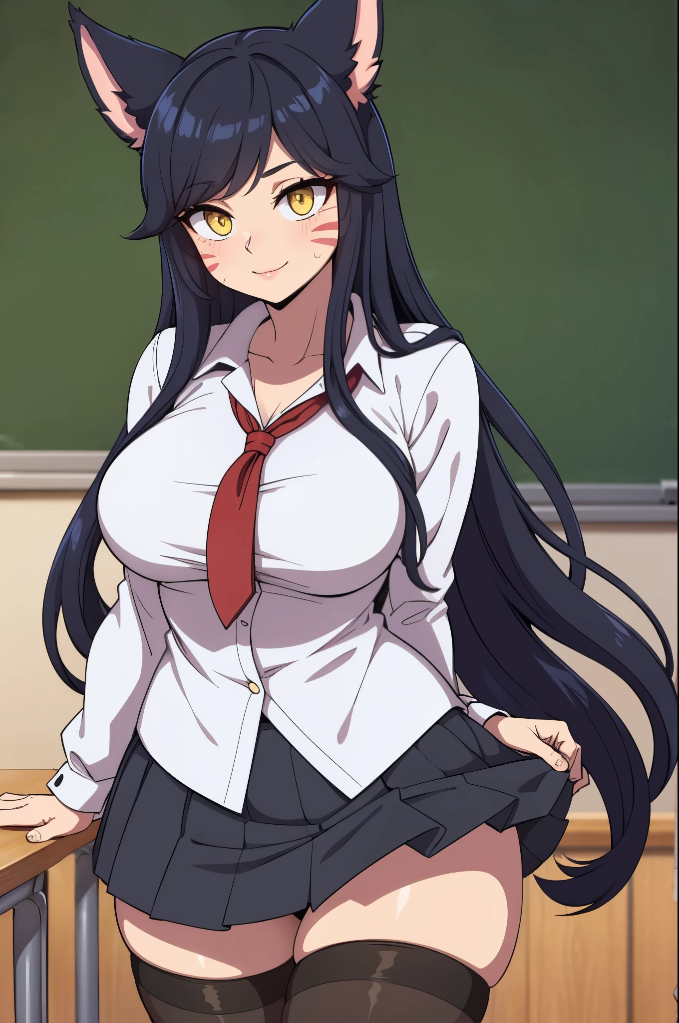 masterpiece, best quality, ultra-detailed, illustration, colorful, flat color, depth of field, 1girl, ahri, anime, standing, black hair, messy hair, yellow eyes, fox ears, looking at viewer, school, classroom, blackboard, facial mark, white blouse, black skirt, black pantyhose, teacher, thighhighs, detailed skin texture, detailed cloth texture, beautiful detailed face, large breasts, blush, seductive smile