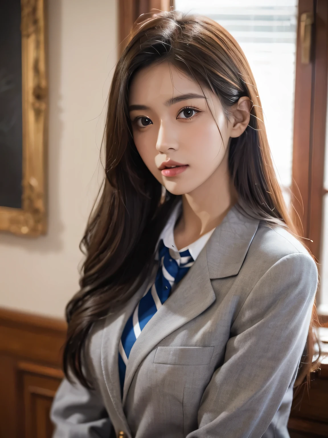 woman in a school uniform,half body shot,flowing hair(best quality,highres),beautiful detailed eyes,beautiful detailed lips,ultra-fine painting,student life,vibrant colors,soft lighting