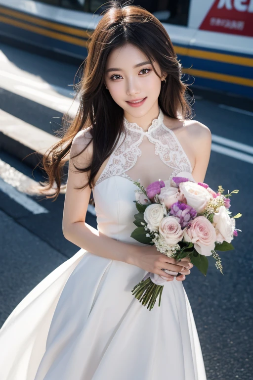 Ulsan-6500-V1.1、Extremely detailed、High definition、Raw color photo、wide shot、ung woman、Kpop Girl、high detail skin、soft light from above、vivid colors、shiny white skin、wonderful face and eyes、Light makeup、Smile、thin lace long dress、long legs、Fashion Model、Standing on one leg on the runway、Turning Pose、Bouquet in hand、