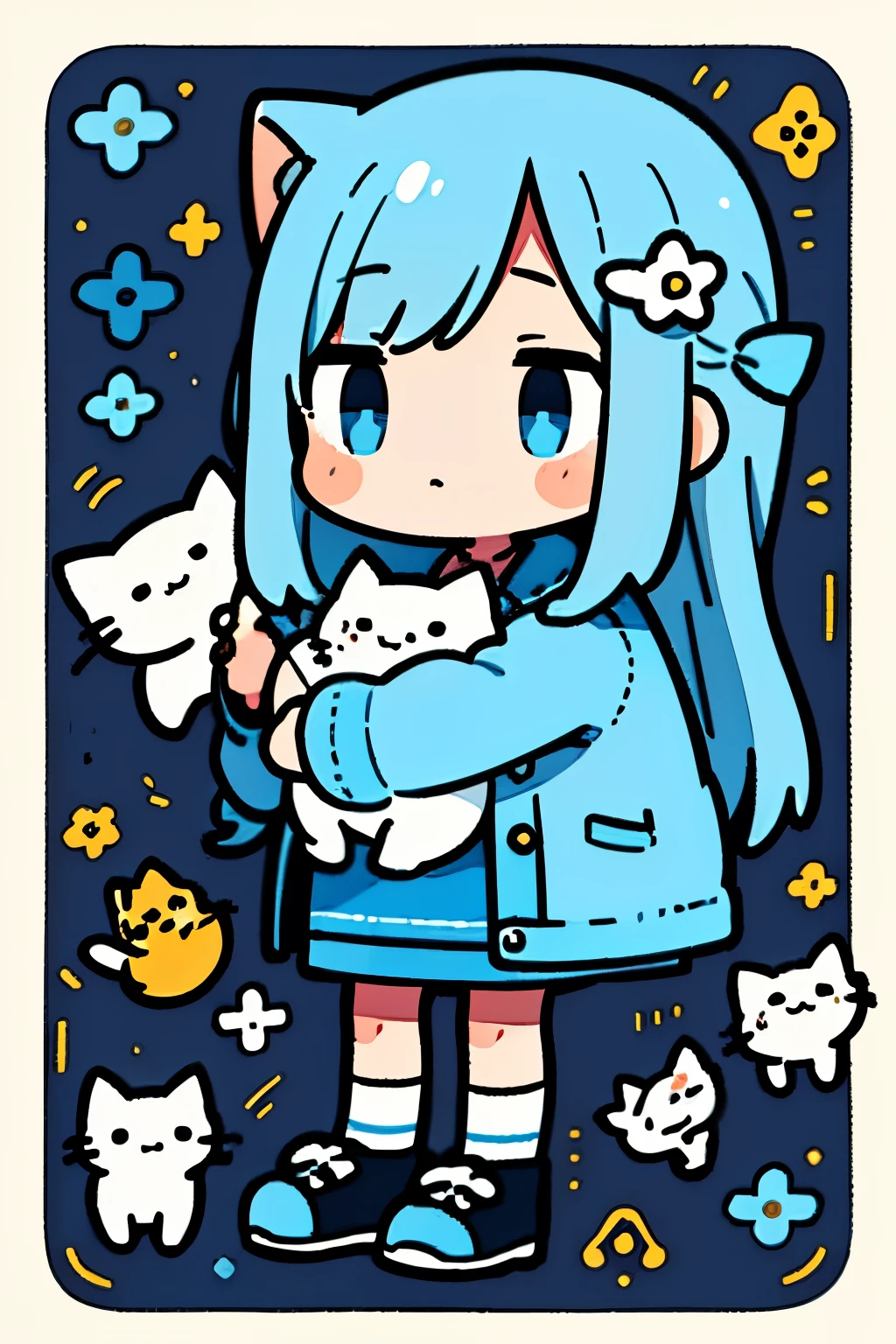 This is an illustration，Depicts an anime style girl。She has blue hair and blue eyes，Wearing blue jeans and black shoes。In her hands she holds a white kitten，There are several kittens playing around。The background is light blue，Scattered with flowers of various colors，Gives people a dreamy and warm feeling