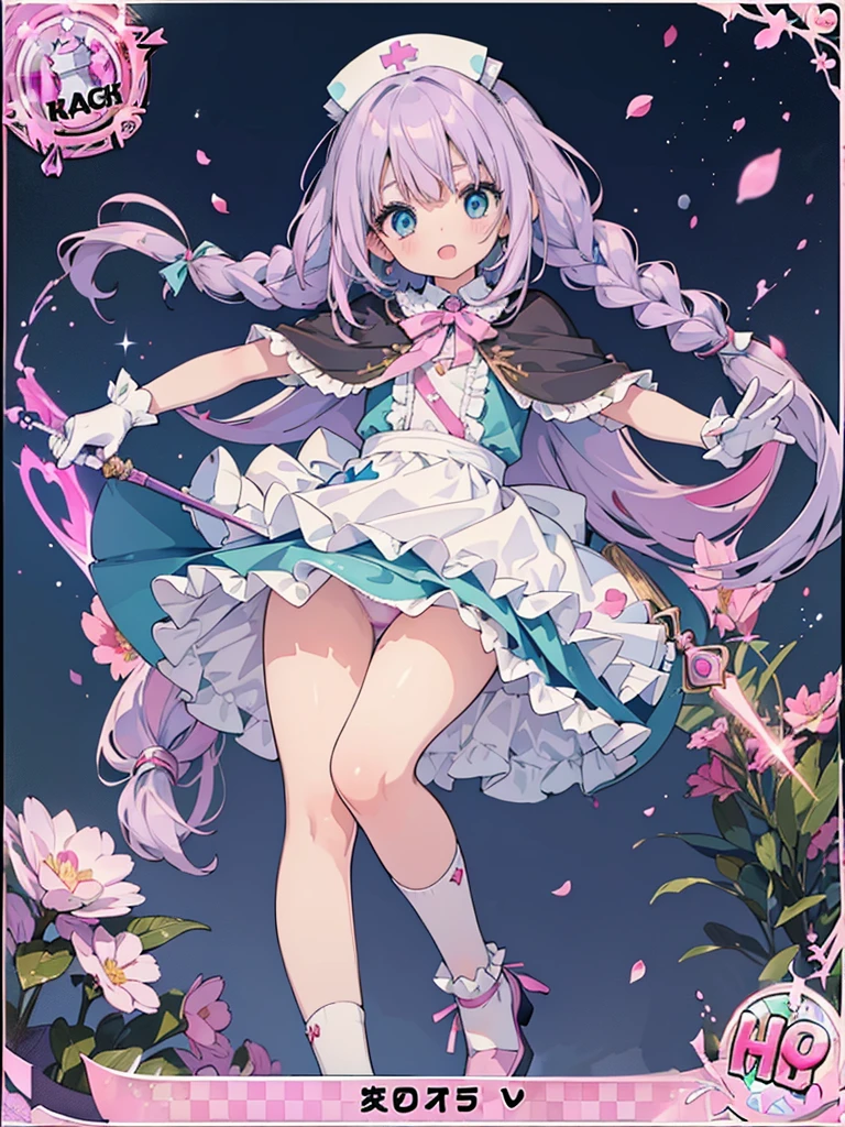 photo realistic, (masterpiece,best quality:1.4),(8k,raw photo,photo realistic:1.2),Not Safe for Work, detailed skin,detailed face,1girl,princess, cute face, super resolution,retro realistic details Illustration,,{{{elaborate,intricately,fantastic,delicately,tremendous,meticulous,minute,incredibly,obsessed,artisan's,subtle,virtuoso,skillful,vibrant, vivid, complex}}}, clearly focus edge, fresh natural gradation, best quality, amazing quality, very aesthetic, absurdres, pubisure, (((Pink  gothic dresses))), mini frilled skirt, (((twin braids))), (White frilled panties), laughing, ((nurse cap)), ((fighting stance, {{kung fu}}, leg up,)), Alice (Alice in Wonderland), Hair Between Eyes, ((Long hair)), ((light purple hair)), shimmering eyes, aqua eyes, child, 12 yo, petite, cute, (((cape))), Puffy Sleeves, shortsleeves, (((Holding a cute magic wand))), (White frilled apron), flat chest, beautiful hands, neck ribbon, White gloves, baby face, twinkle in the eye, ((pink ribbon)) (((frilled overknee socks))),(((high tops))), ((high heels)), Heart necklace, ring, masterpiece, top-quality, not safe for work, yumekawa,yumekawaii, pastel color,(wonderland:1.3),imagination, (((falling petals))), Flower, (Multicolored lights), (((trading card))),