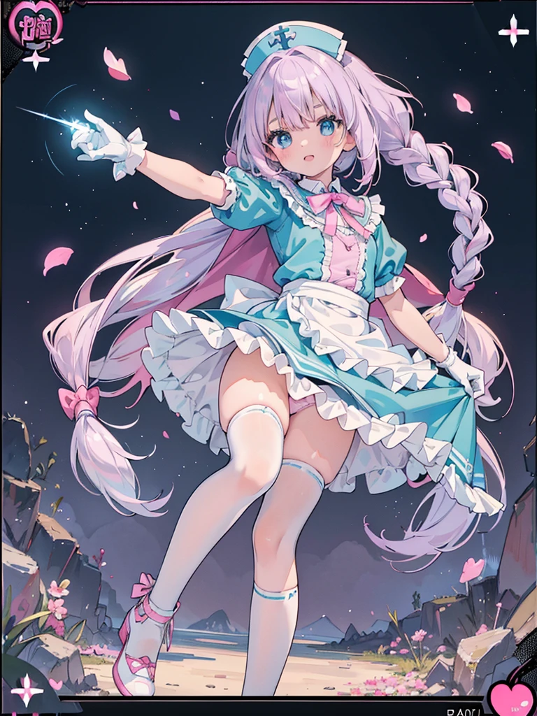 photo realistic, (masterpiece,best quality:1.4),(8k,raw photo,photo realistic:1.2),Not Safe for Work, detailed skin,detailed face,1girl,princess, cute face, super resolution,retro realistic details Illustration,,{{{elaborate,intricately,fantastic,delicately,tremendous,meticulous,minute,incredibly,obsessed,artisan's,subtle,virtuoso,skillful,vibrant, vivid, complex}}}, clearly focus edge, fresh natural gradation, best quality, amazing quality, very aesthetic, absurdres, pubisure, (((Pink gothic dresses))), mini frilled skirt, (((twin braids))), (White frilled panties), laughing, ((nurse cap)), ((fighting stance, {{kung fu}}, leg up,)), Alice (Alice in Wonderland), Hair Between Eyes, ((Long hair)), ((light purple hair)), shimmering eyes, aqua eyes, child, 12 yo, petite, cute, (((cape))), Puffy Sleeves, shortsleeves, (((Holding a cute magic wand))), (White frilled apron), flat chest, beautiful hands, neck ribbon, White gloves, baby face, twinkle in the eye, ((pink ribbon)) (((frilled overknee socks))),(((high tops))), ((high heels)), Heart necklace, ring, masterpiece, top-quality, not safe for work, yumekawa,yumekawaii, pastel color,(wonderland:1.3),imagination, (((falling petals))), Flower, (Multicolored lights), (((trading card))),