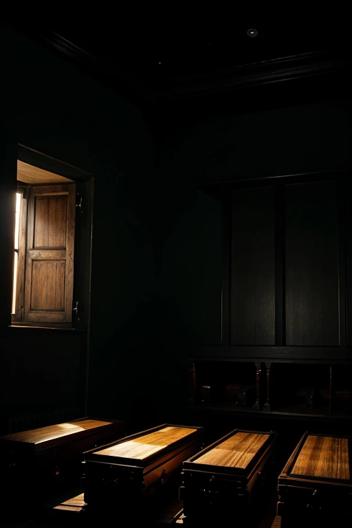four well-made coffins in a row in a very dark room