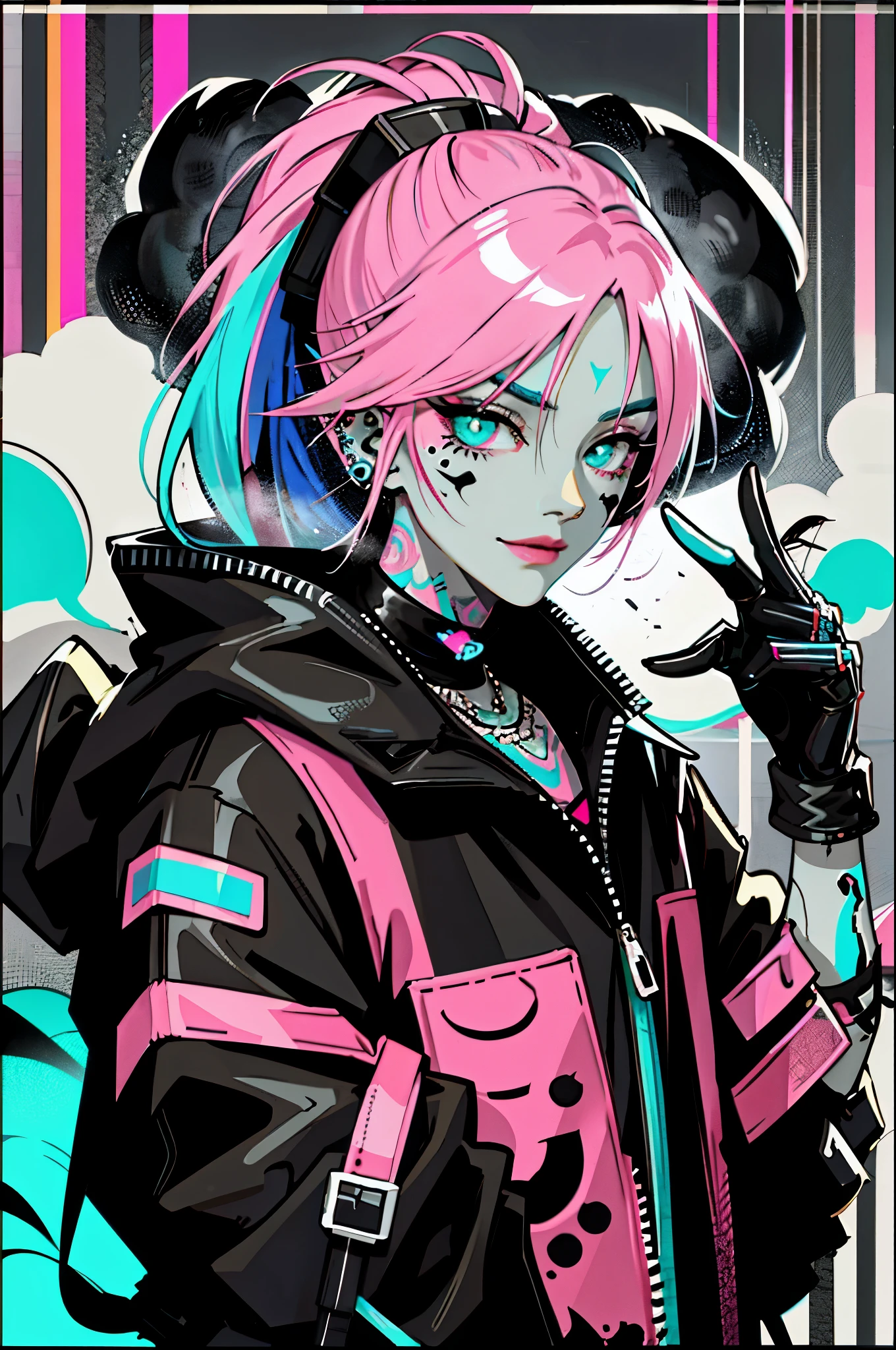 kpop girl with rizz smile face, bad ass, black gloves,neon cyan pink hair, tattoos on hands and neck, piercing, black mixed green striped sweater, cool badass pose, smoke background, colorful smoke background