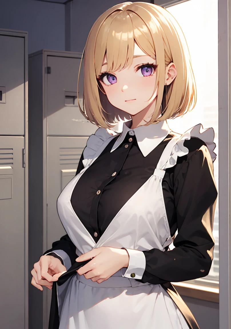 masterpiece, absurdres, best quality, ultra detailed, high Resolution, detailed illustration, extremely beautiful detailed face and eyes, bright colour, 1girl, (loli), cute face, Delicate beautiful face, magenta eyes, cute eyes, sparkling eyes, big eyes, medium breasts, (perky breasts:1.1), (pointy breasts:1.1), medium hips, glamorous body, white skin, happy, BREAK, long bob cut, (blonde hair:0.8), messy hair, detailed hair, shiny hair, BREAK maid uniform, tiny ribbon, Changing clothes, workplace locker room, real world, natural lights, perfect lighting,