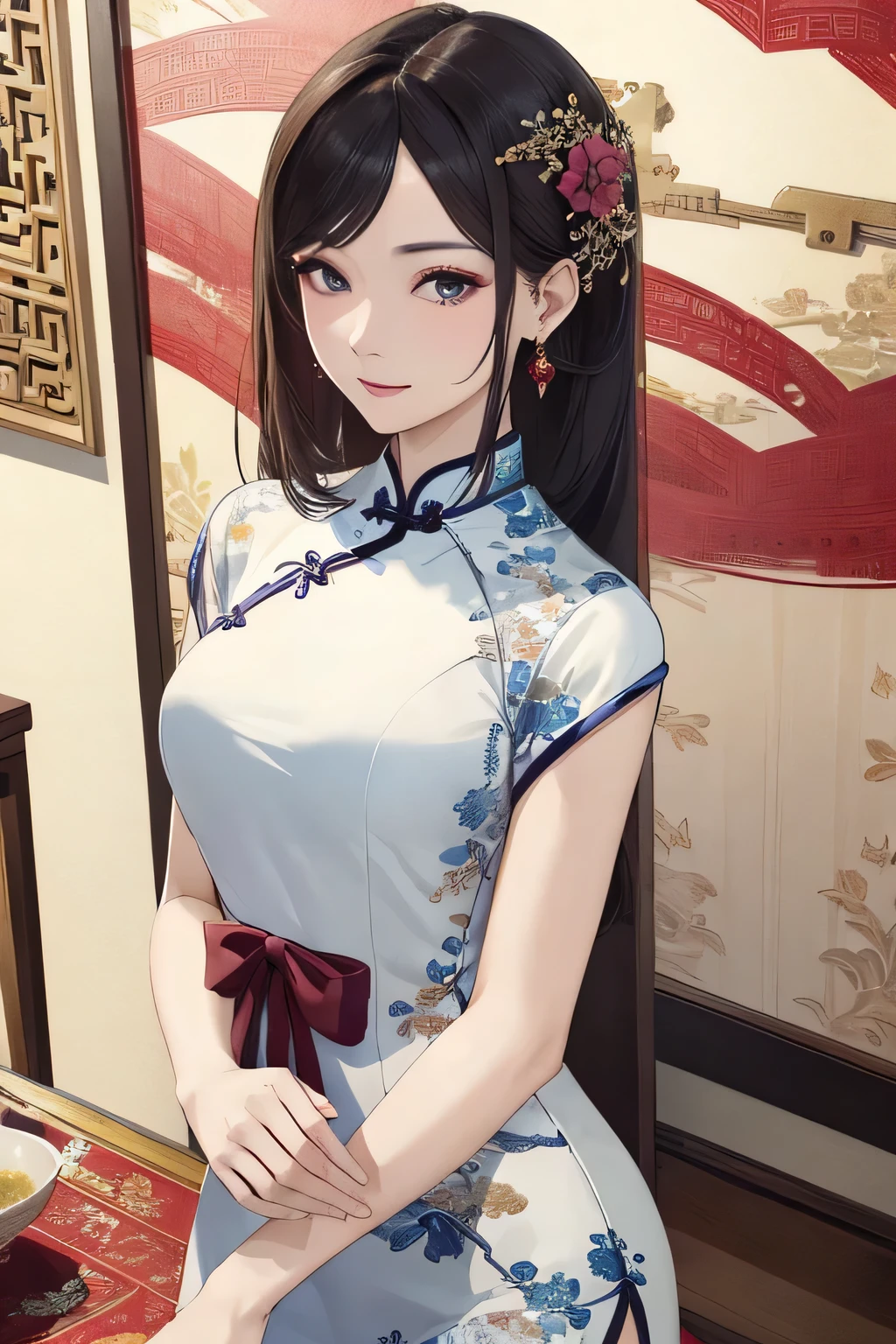 ((best quality)), ((masterpiece)), (detailed), perfect face,Cheongsam woman，Full body image