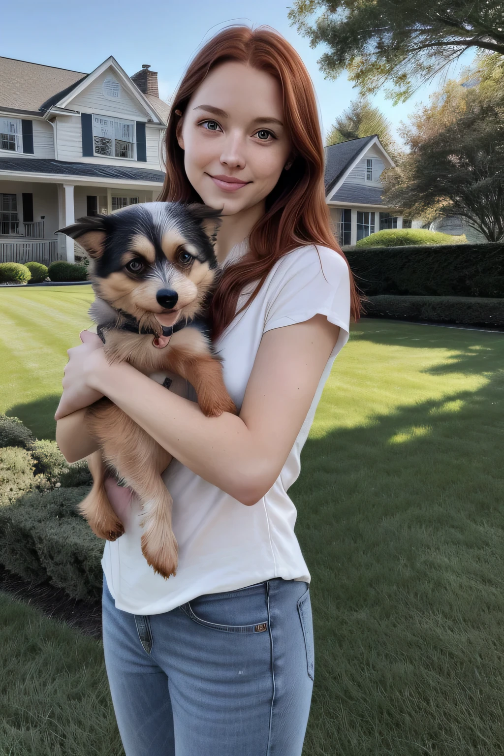 young girl, Refined facial features, bright skin, brown-red hair, gray-green eyes. Holding a small dog in his arms. Standing on the lawn in front of the house, sunny day